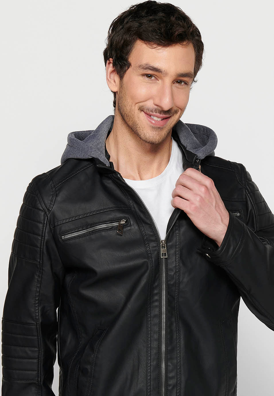 Chaqueta Biker Efecto Piel Capucha Desmontable Hombre – Koroshi 2411JA05