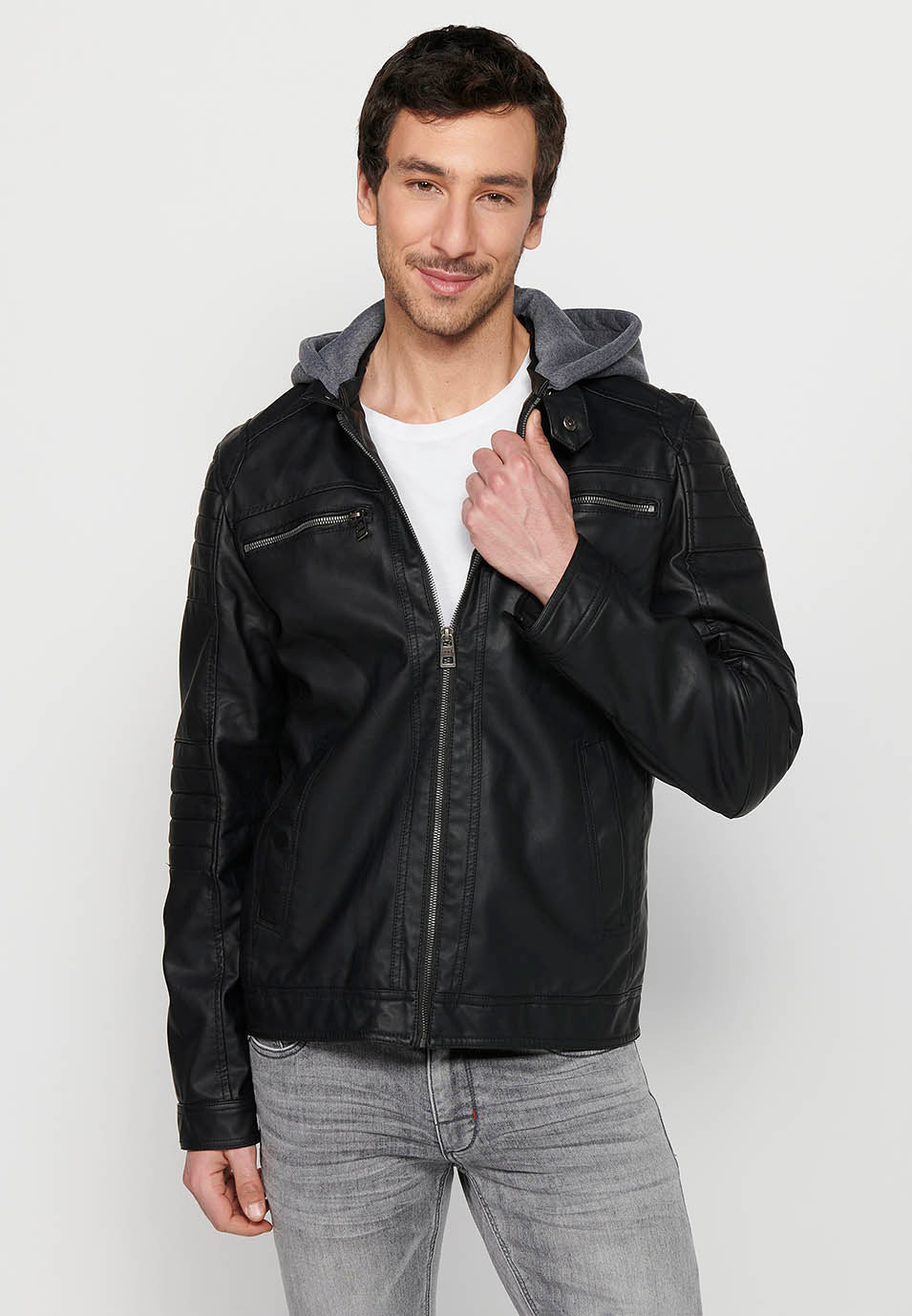 Chaqueta Biker Efecto Piel Capucha Desmontable Hombre – Koroshi 2411JA05