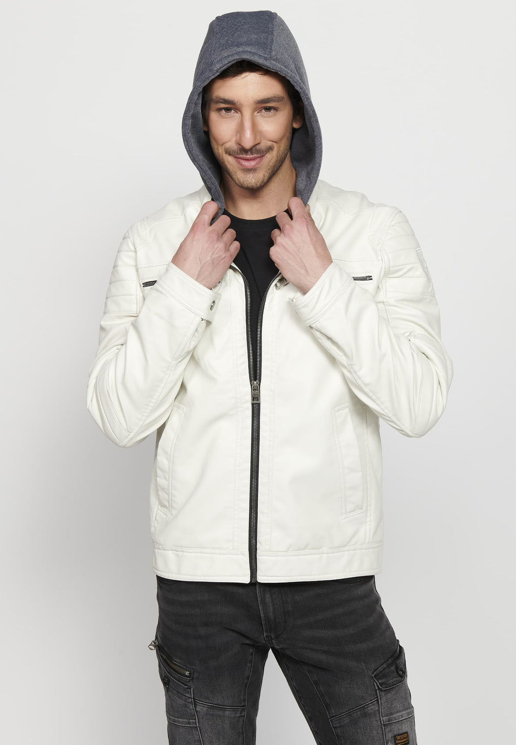 Chaqueta Biker Efecto Piel Capucha Desmontable Hombre – Koroshi 2411JA05