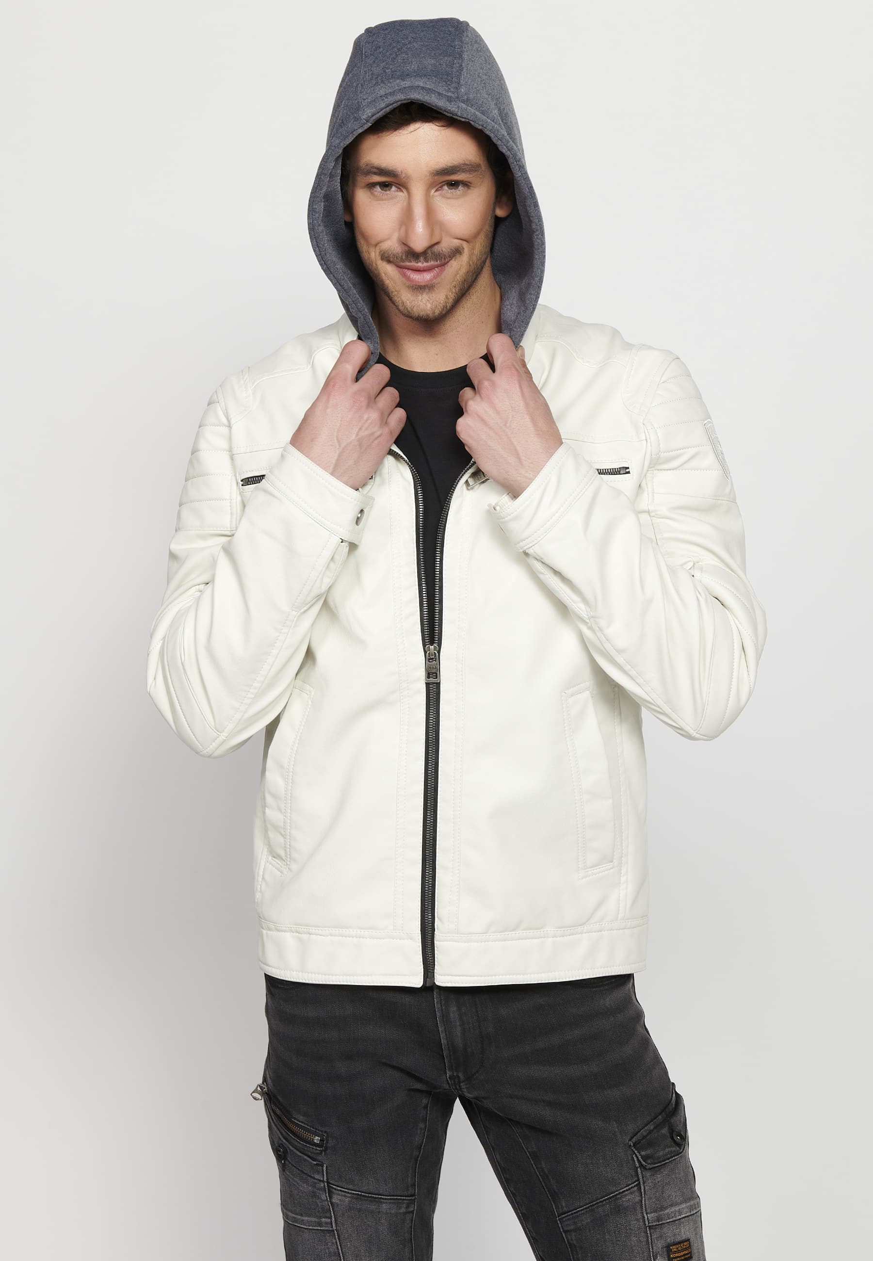Chaqueta Biker Efecto Piel Capucha Desmontable Hombre – Koroshi 2411JA05