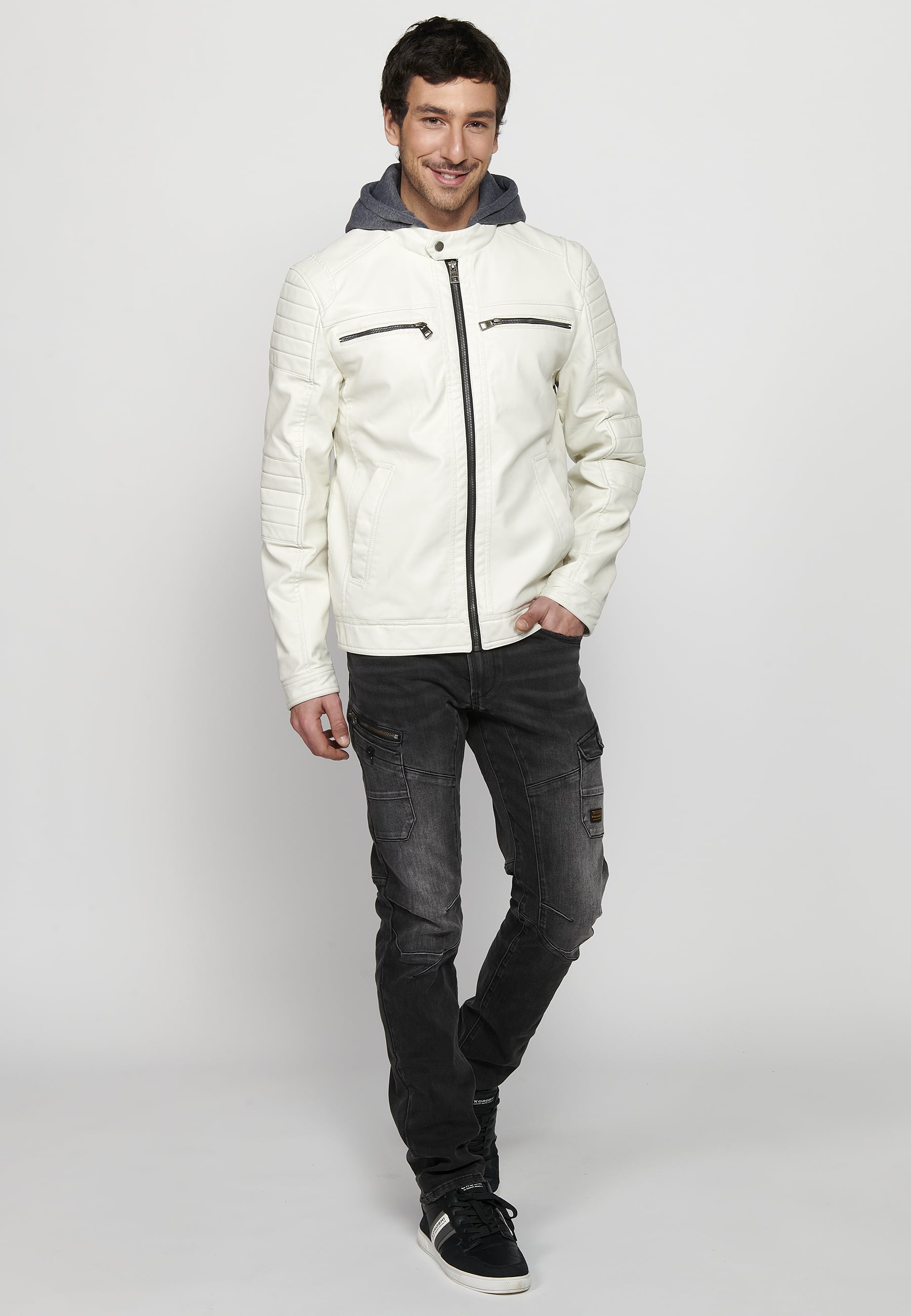 Chaqueta Biker Efecto Piel Capucha Desmontable Hombre – Koroshi 2411JA05