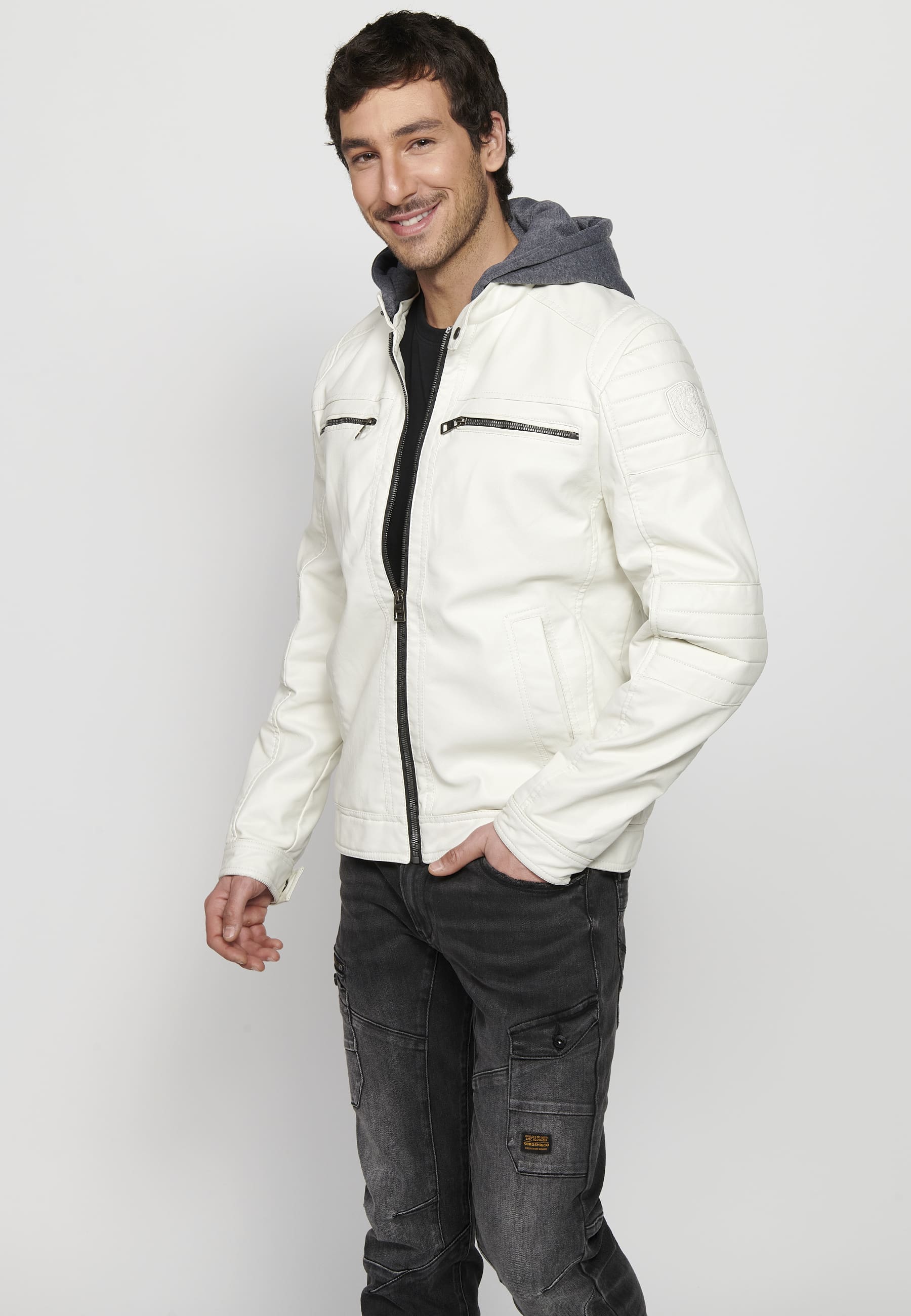 Chaqueta Biker Efecto Piel Capucha Desmontable Hombre – Koroshi 2411JA05