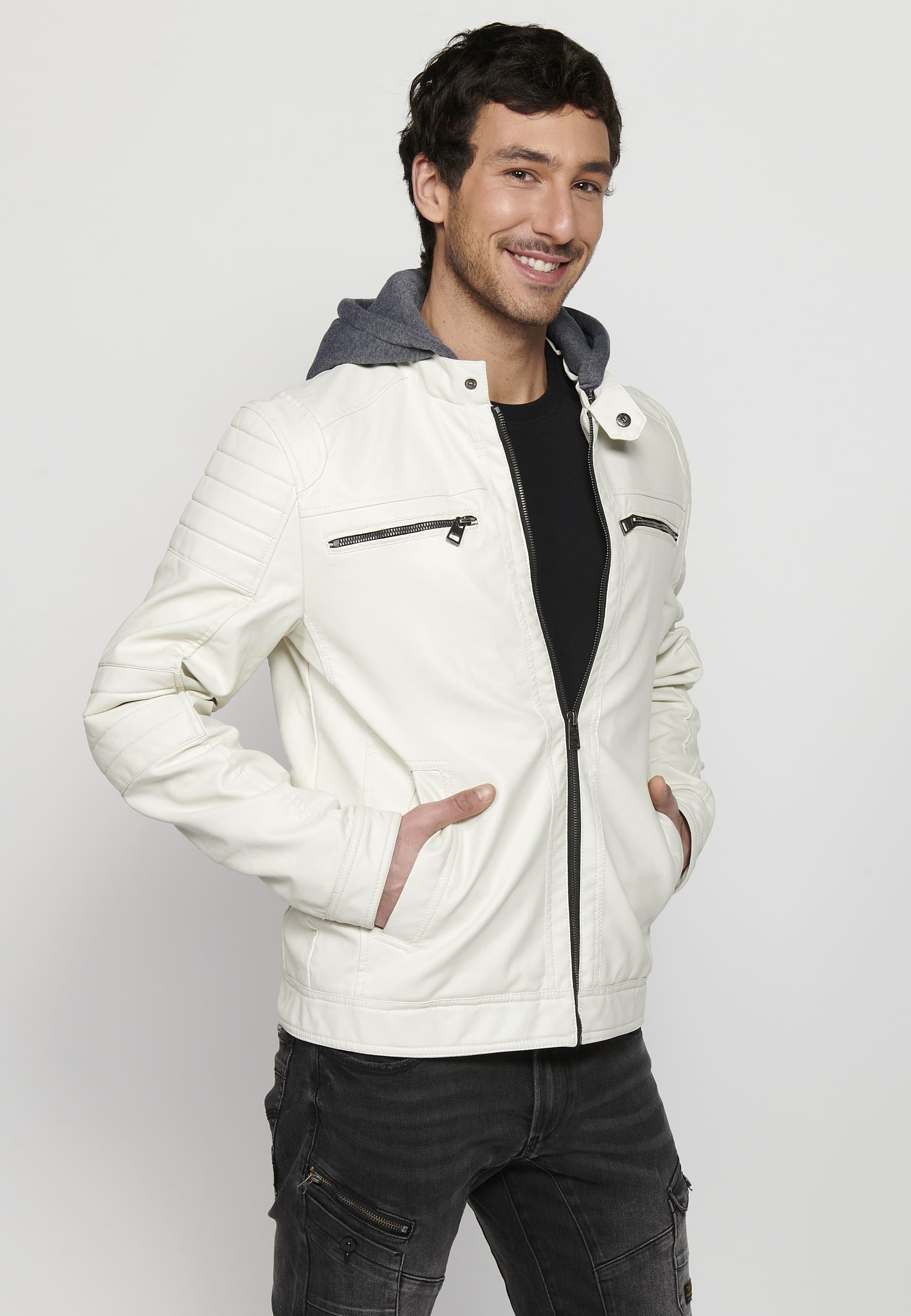 Chaqueta Biker Efecto Piel Capucha Desmontable Hombre – Koroshi 2411JA05