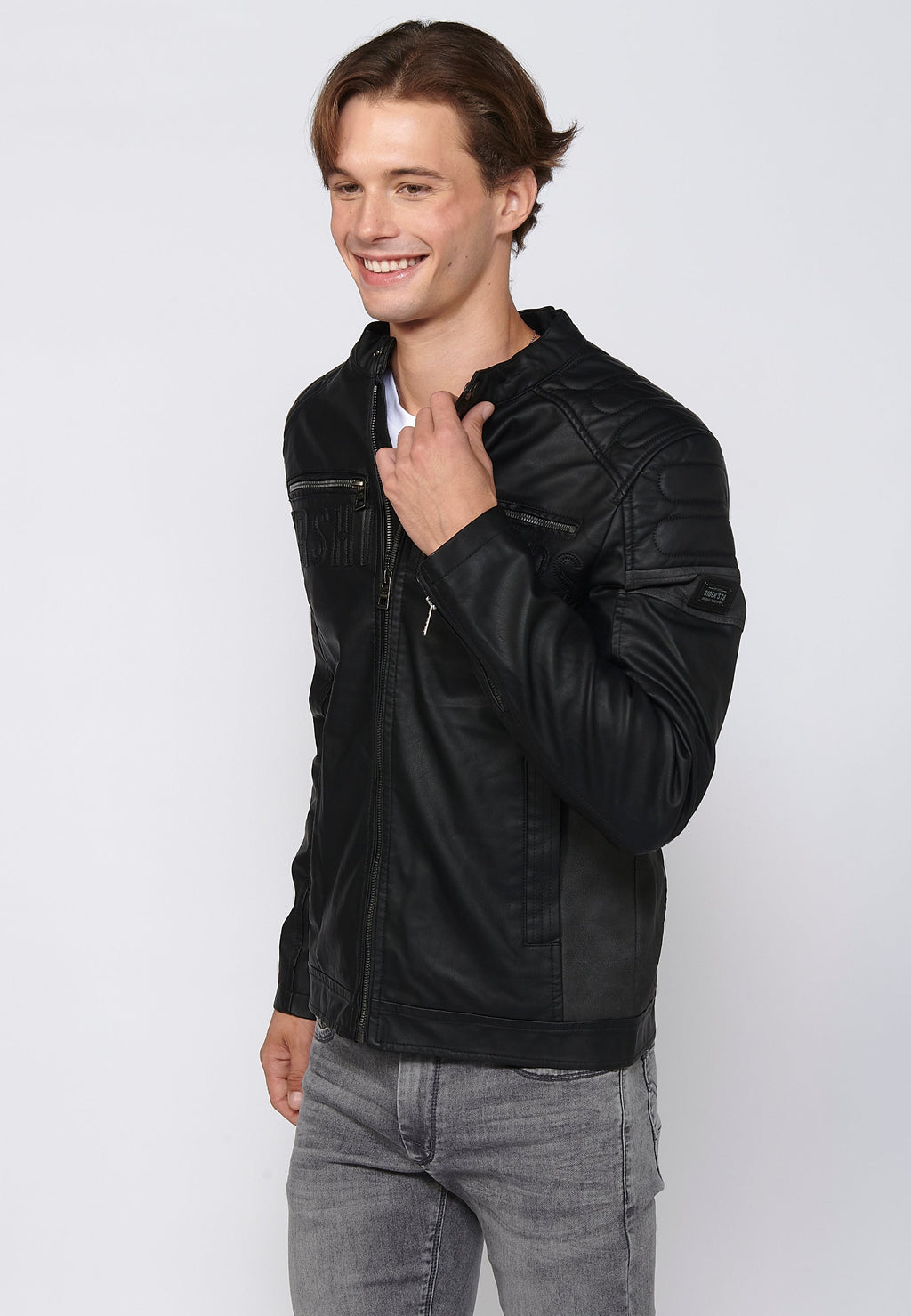 Chaqueta Biker Efecto Piel Cuello Alto Hombre – Koroshi Negra