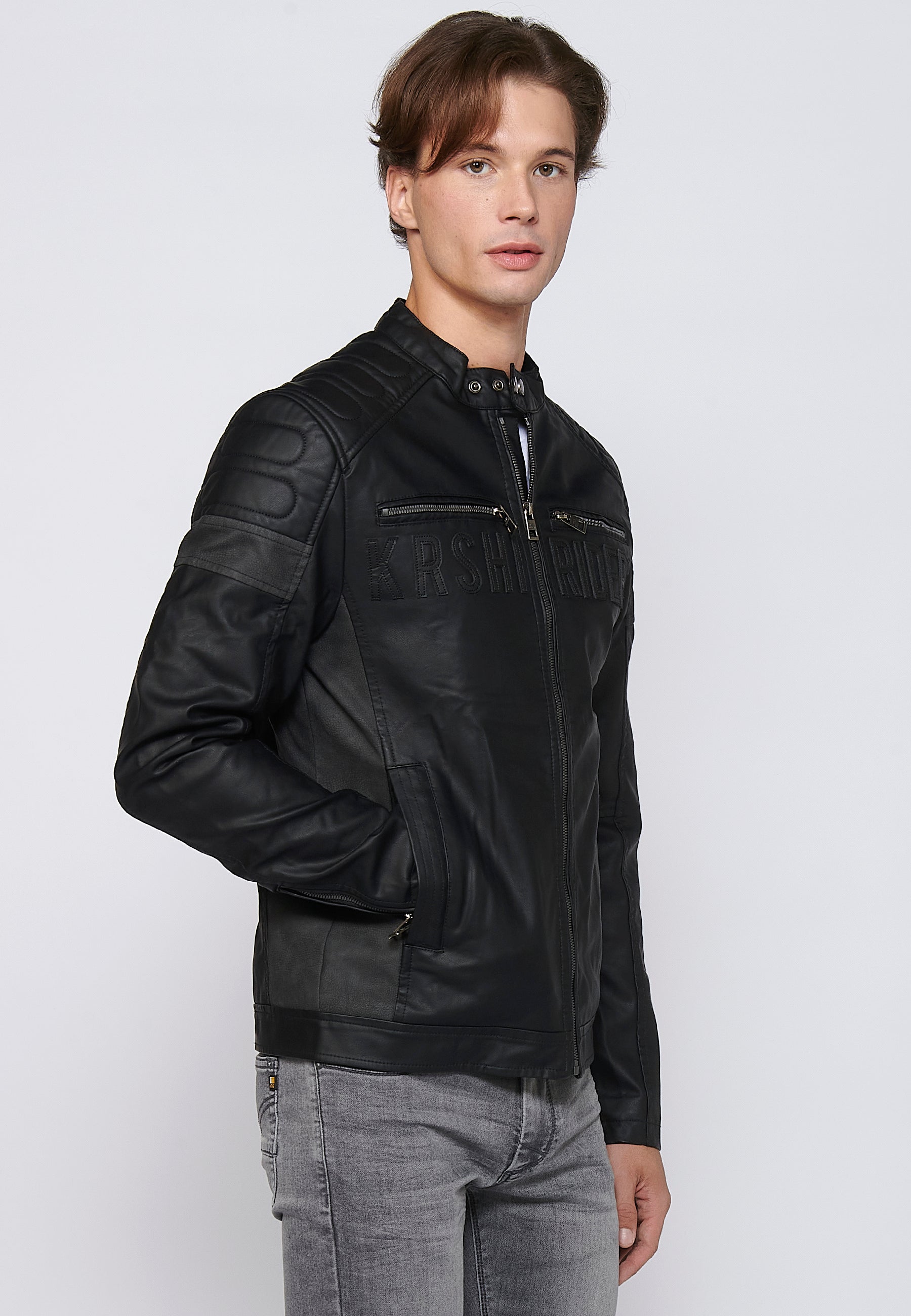 Chaqueta Biker Efecto Piel Cuello Alto Hombre – Koroshi Negra