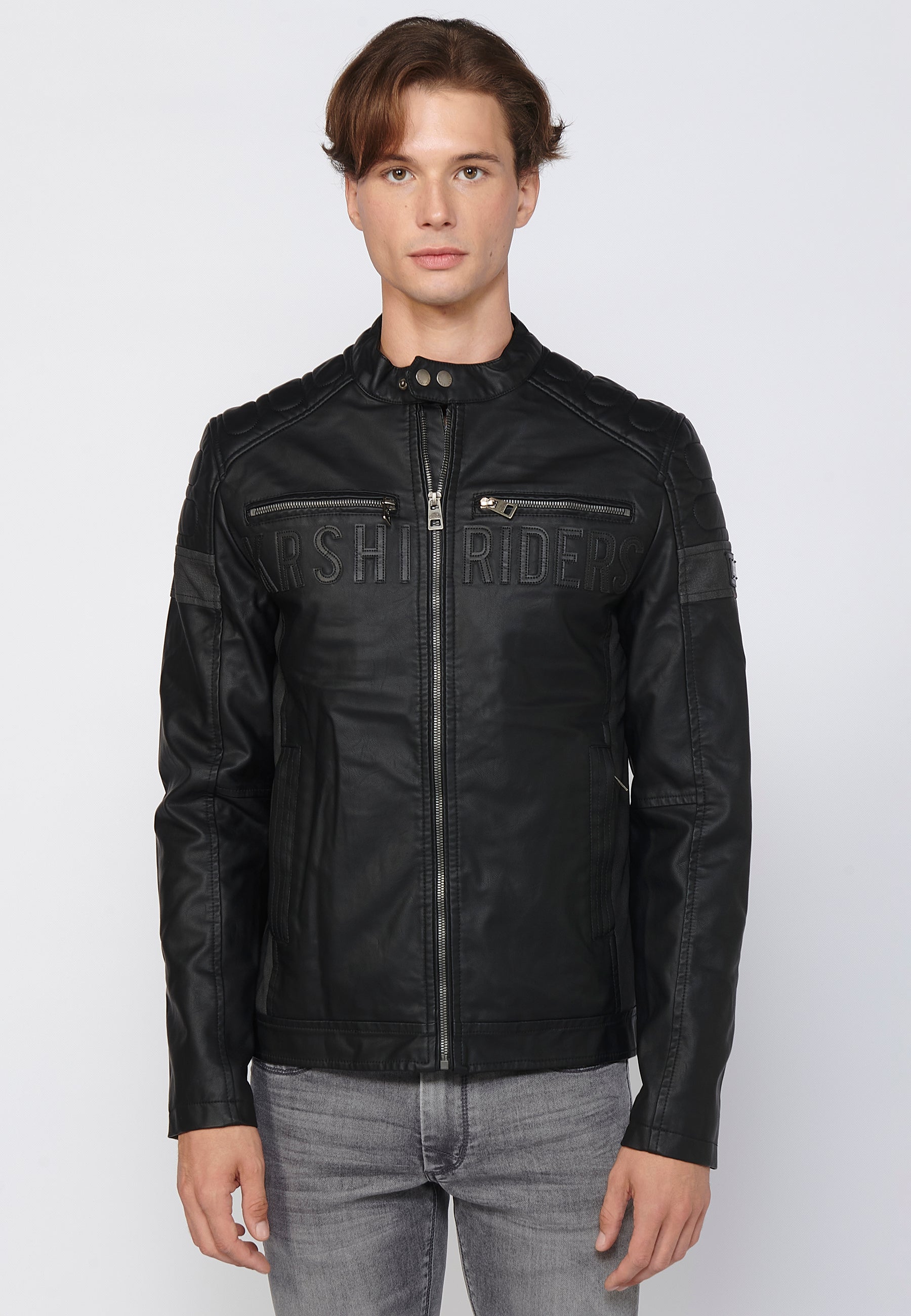 Chaqueta Biker Efecto Piel Cuello Alto Hombre – Koroshi Negra