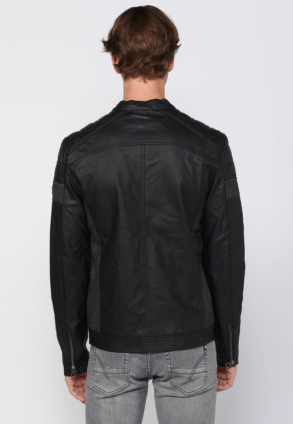 Chaqueta Biker Efecto Piel Cuello Alto Hombre – Koroshi Negra