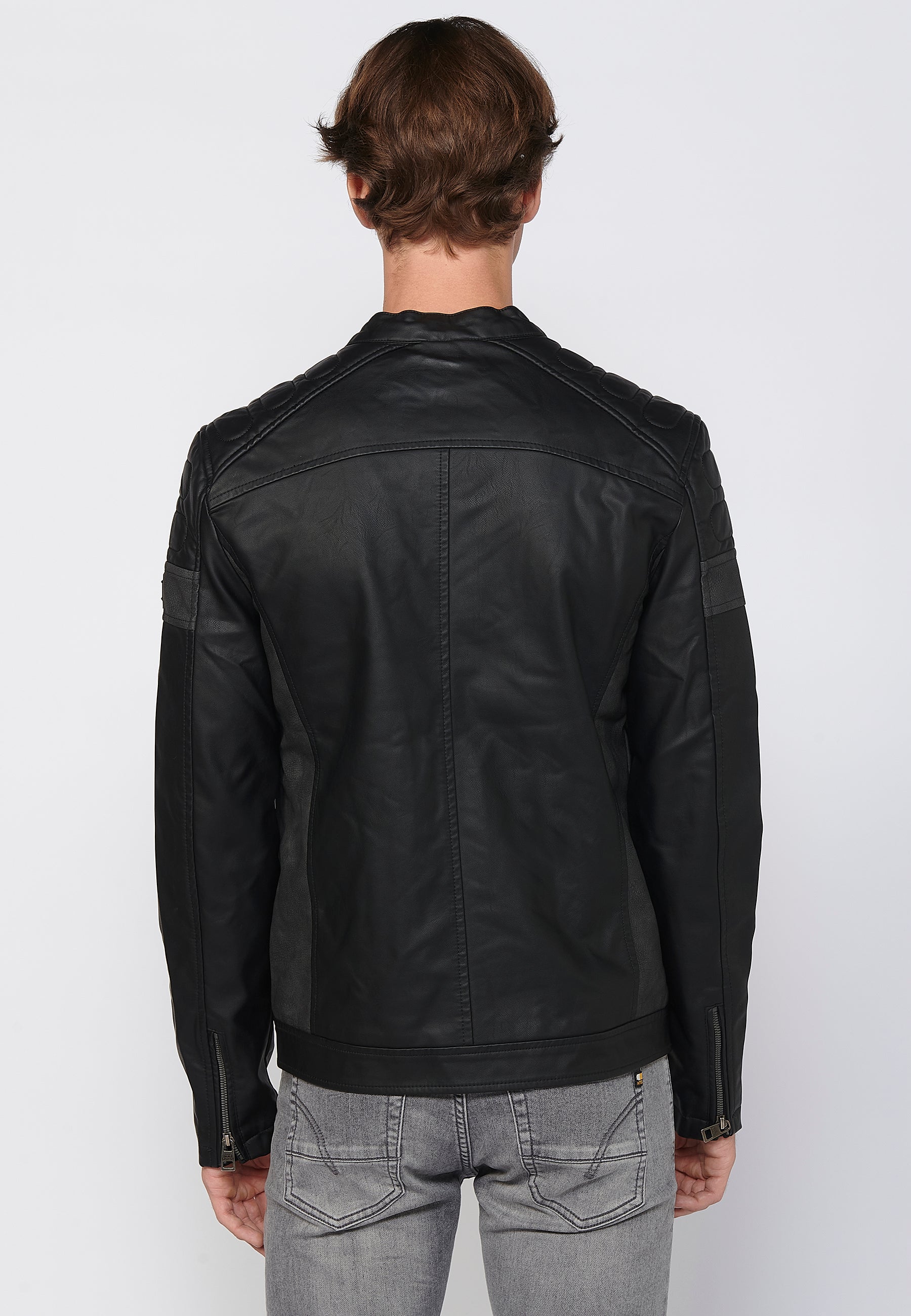 Chaqueta Biker Efecto Piel Cuello Alto Hombre – Koroshi Negra