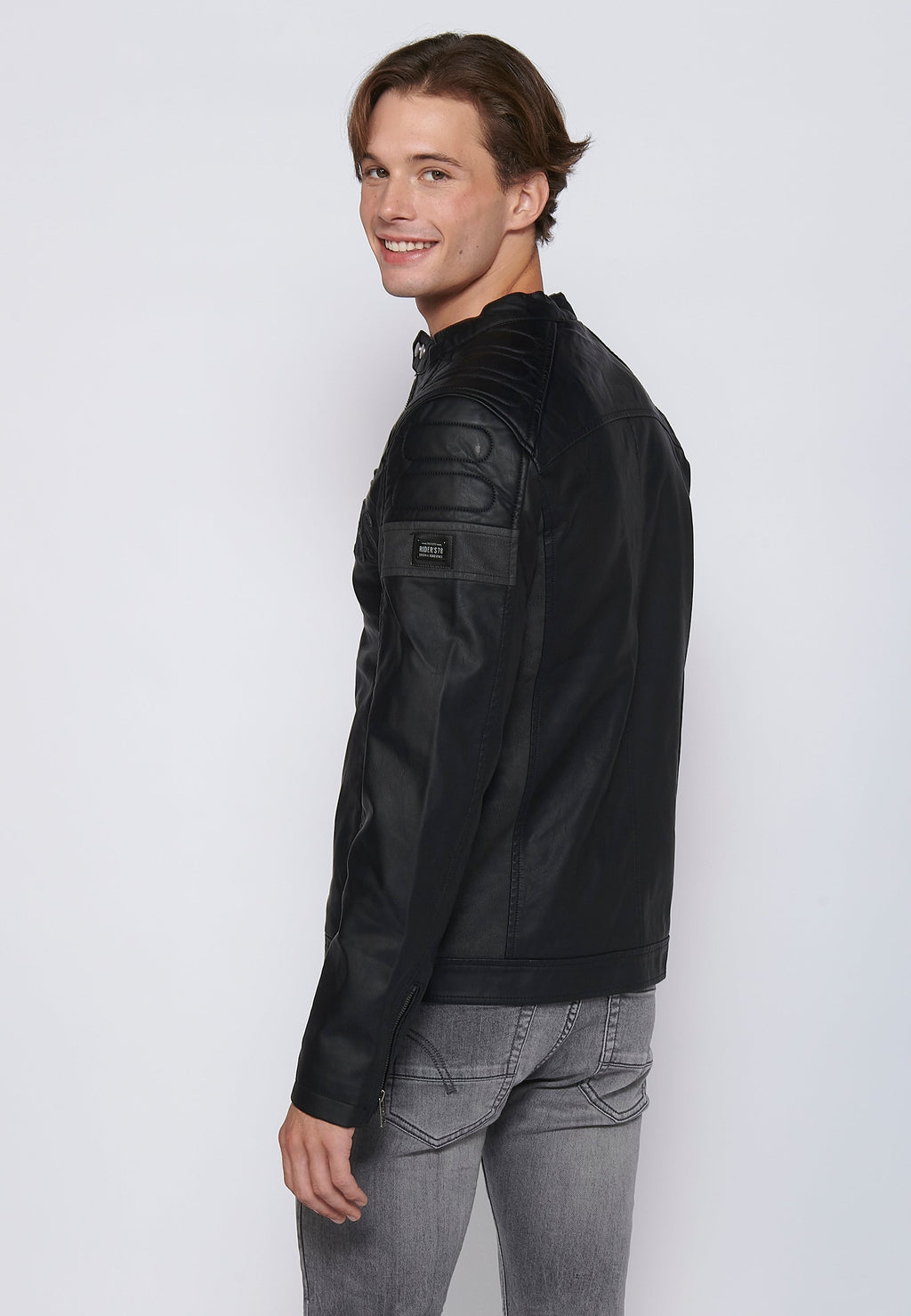 Chaqueta Biker Efecto Piel Cuello Alto Hombre – Koroshi Negra