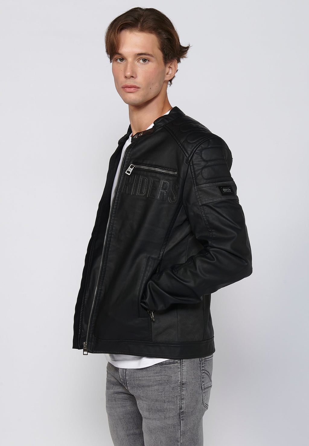 Chaqueta Biker Efecto Piel Cuello Alto Hombre – Koroshi Negra