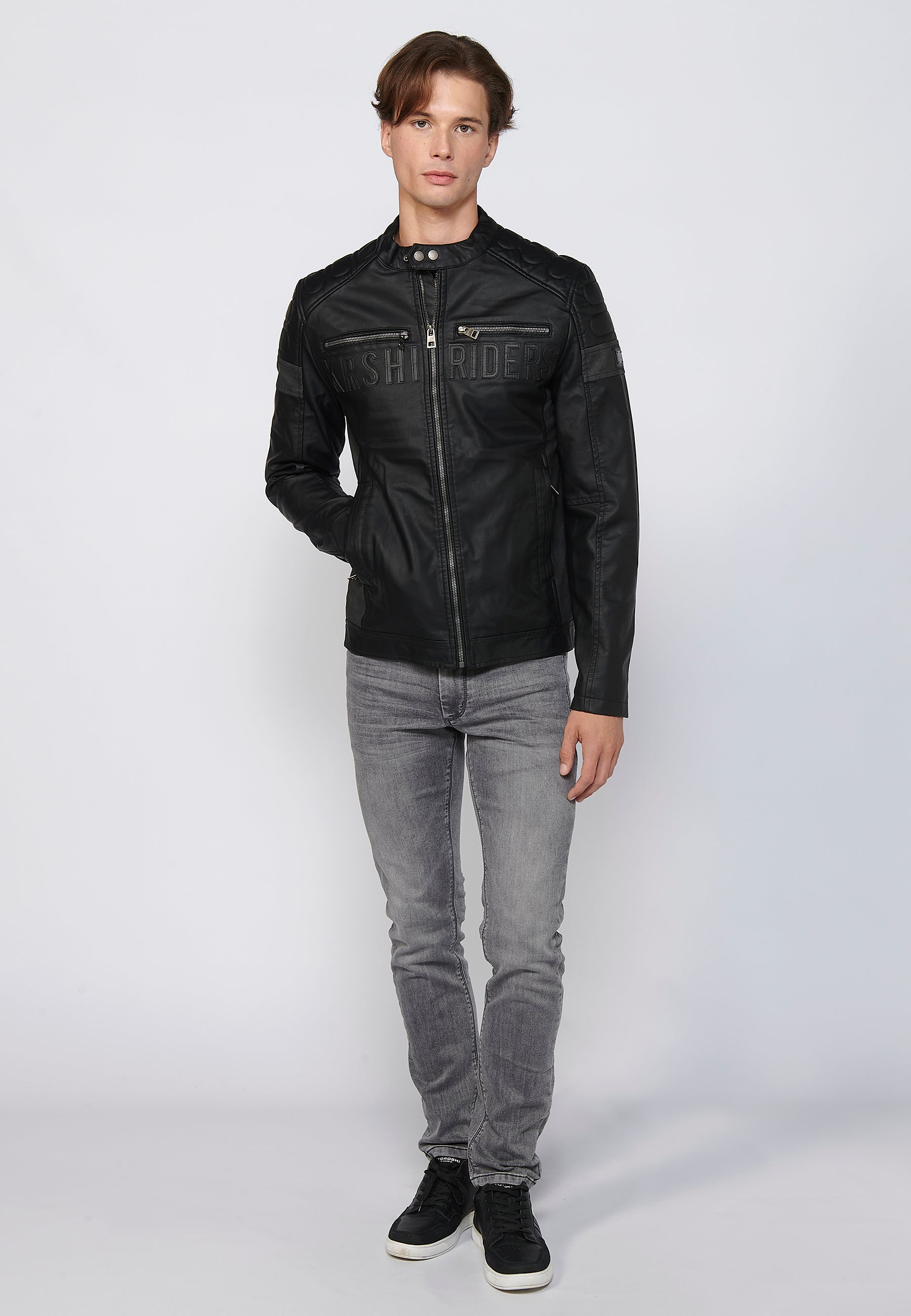 Chaqueta Biker Efecto Piel Cuello Alto Hombre – Koroshi Negra