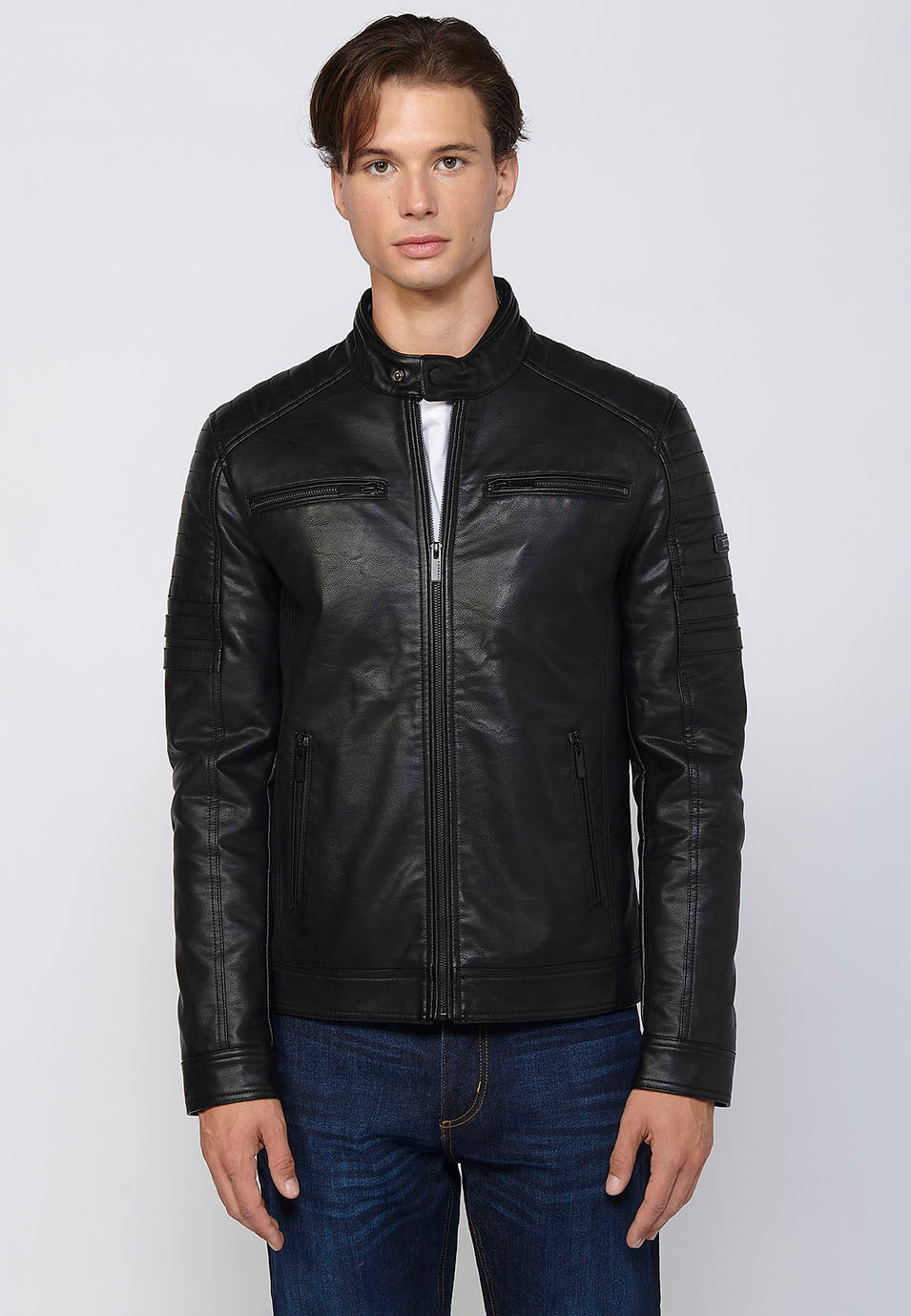 Chaqueta Biker Aspecto Efecto Piel Cuello Alto Hombre – Koroshi 2411JA09