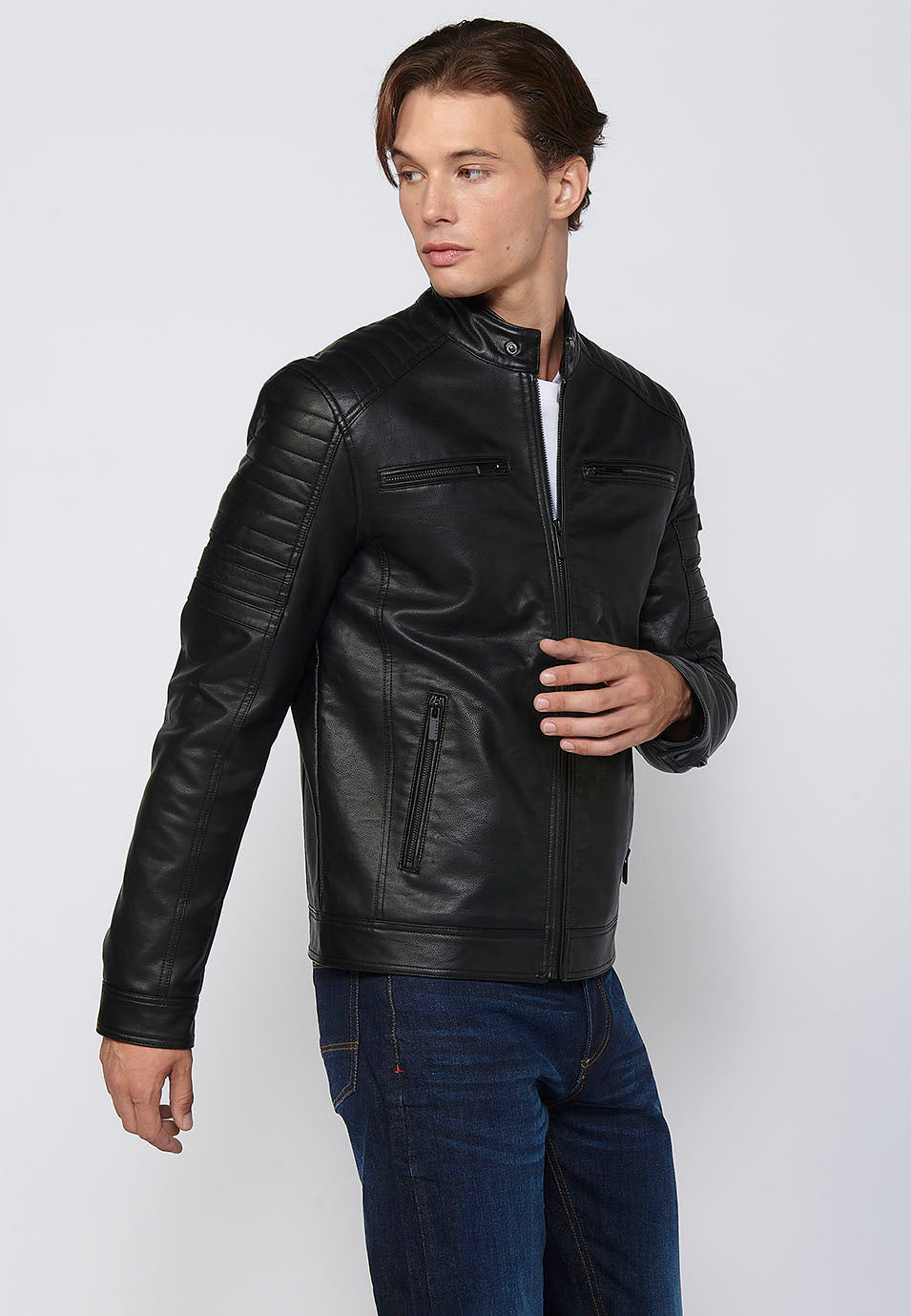 Chaqueta Biker Aspecto Efecto Piel Cuello Alto Hombre – Koroshi 2411JA09