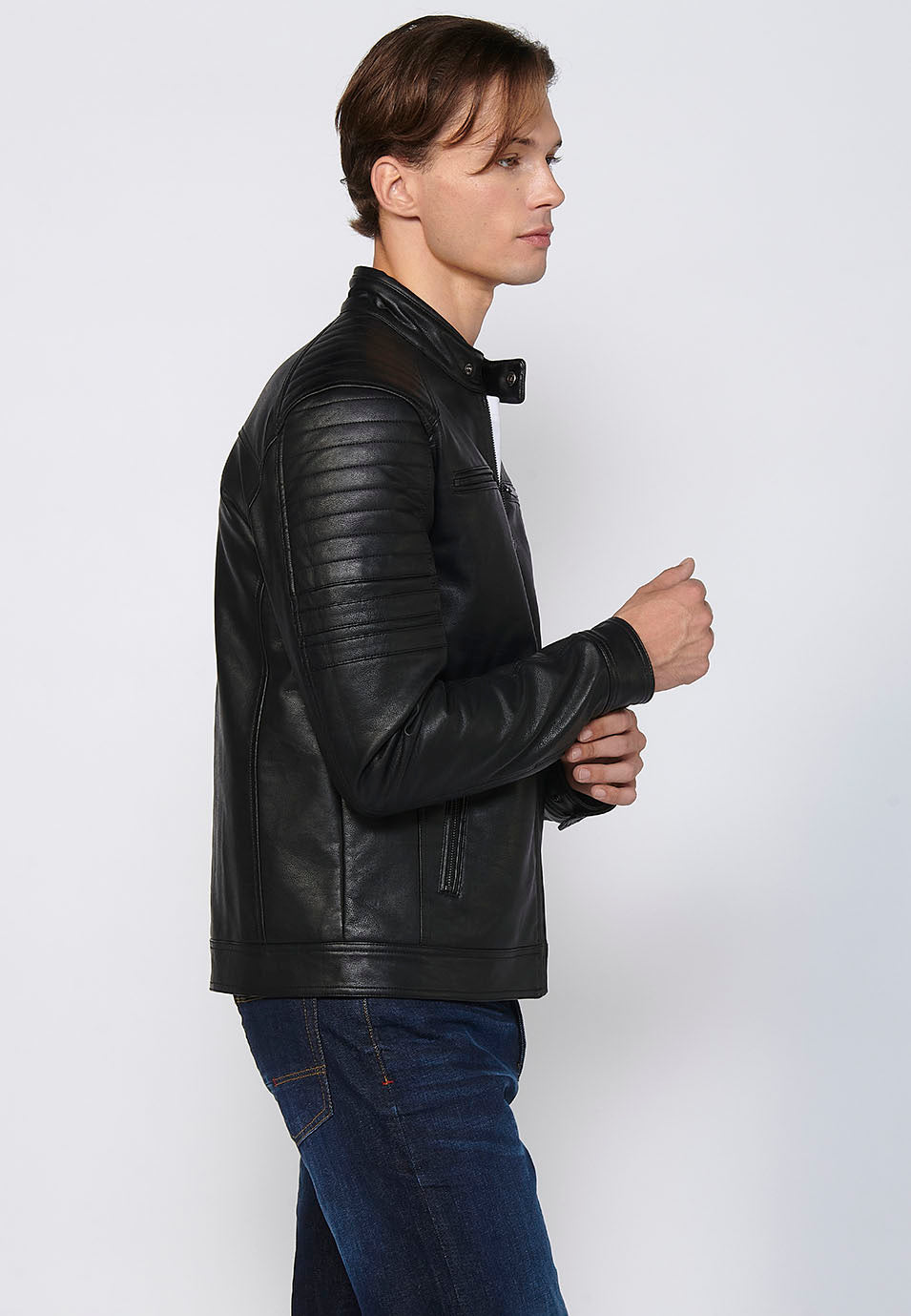 Chaqueta Biker Aspecto Efecto Piel Cuello Alto Hombre – Koroshi 2411JA09