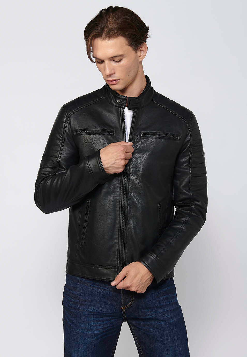 Chaqueta Biker Aspecto Efecto Piel Cuello Alto Hombre – Koroshi 2411JA09