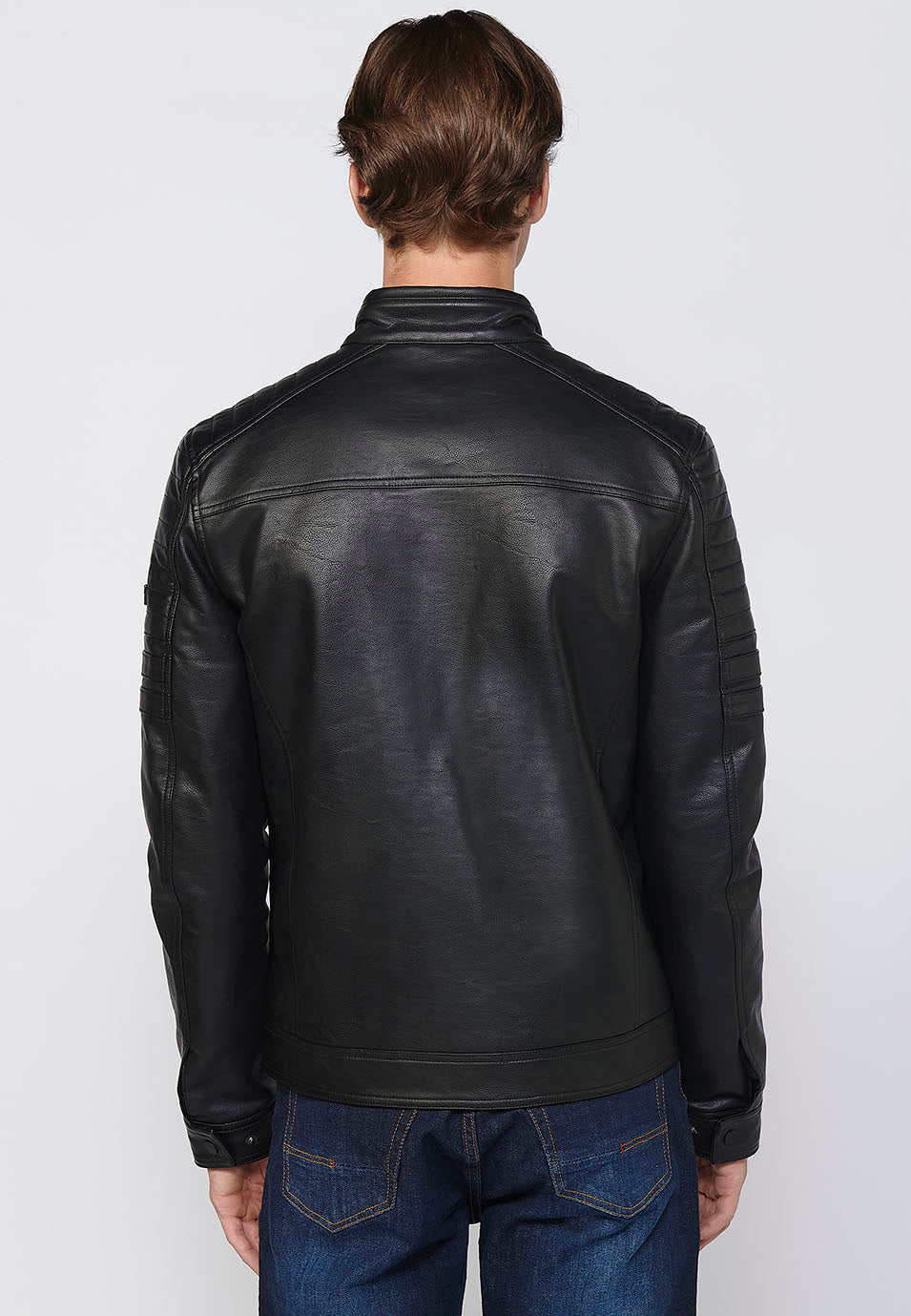 Chaqueta Biker Aspecto Efecto Piel Cuello Alto Hombre – Koroshi 2411JA09