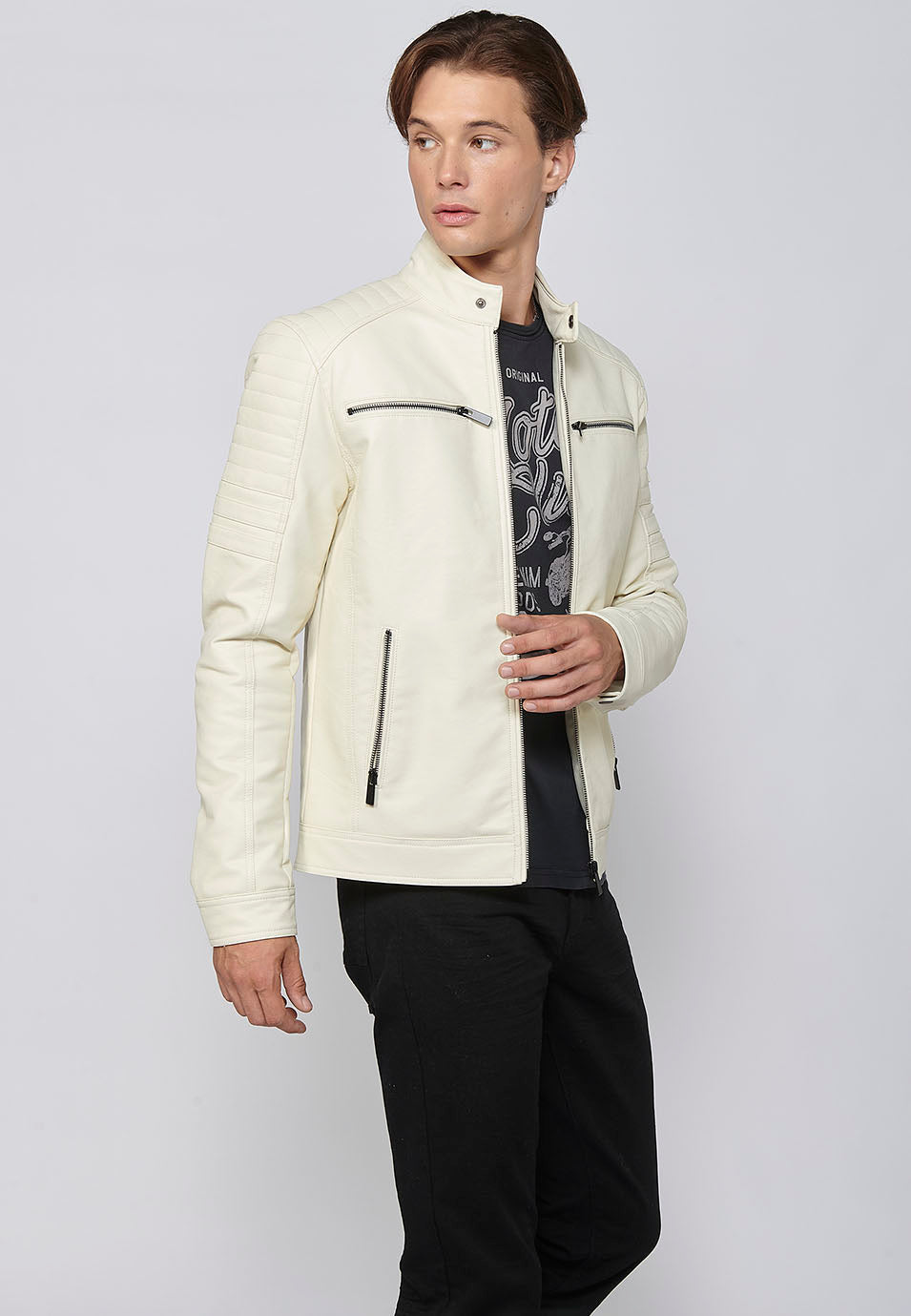 Chaqueta Biker Aspecto Efecto Piel Cuello Alto Hombre – Koroshi 2411JA09