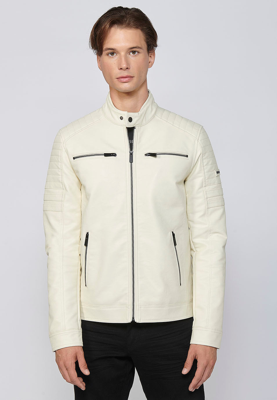 Chaqueta Biker Aspecto Efecto Piel Cuello Alto Hombre – Koroshi 2411JA09