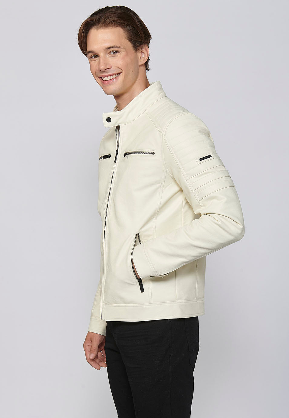 Chaqueta Biker Aspecto Efecto Piel Cuello Alto Hombre – Koroshi 2411JA09