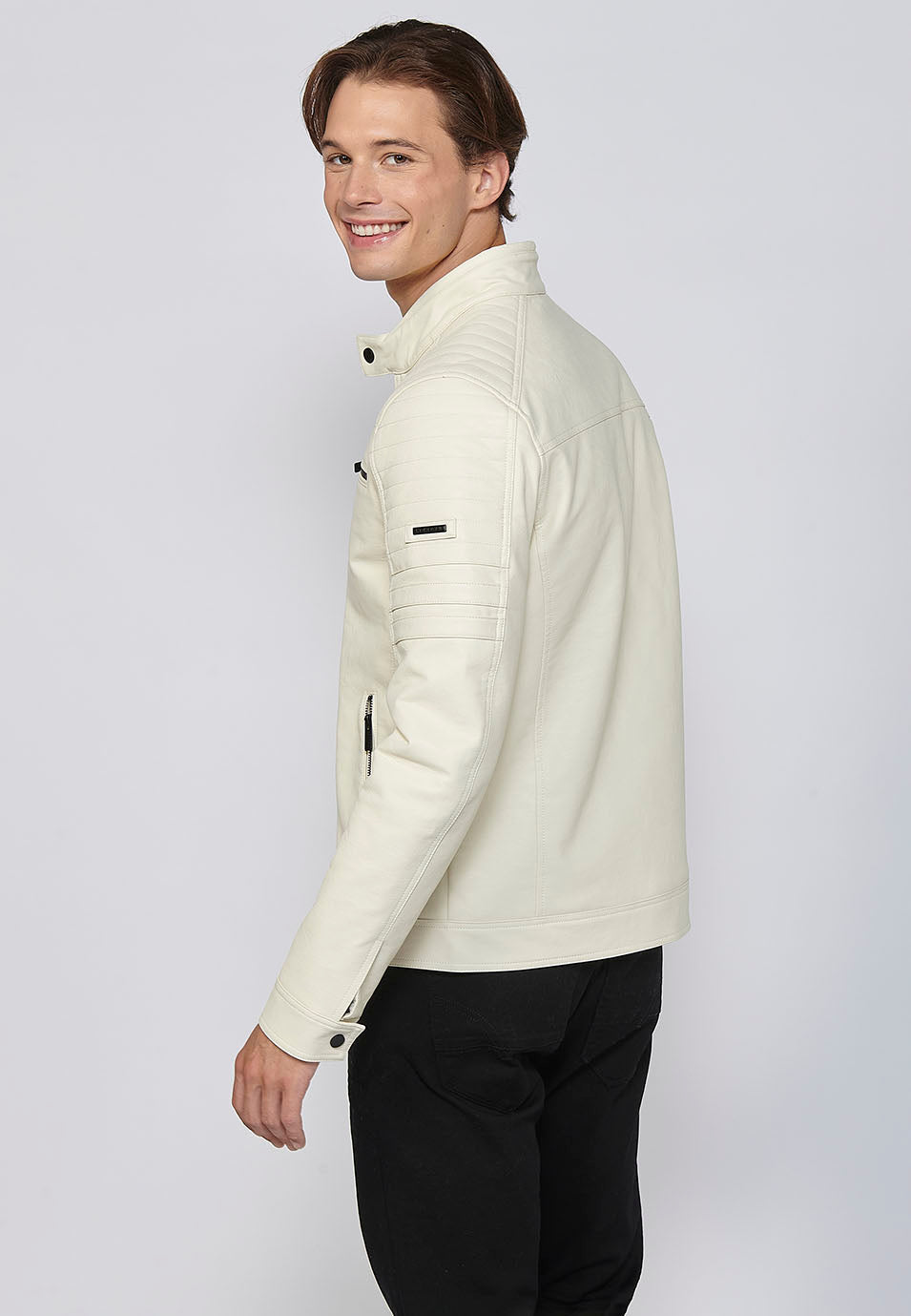 Chaqueta Biker Aspecto Efecto Piel Cuello Alto Hombre – Koroshi 2411JA09
