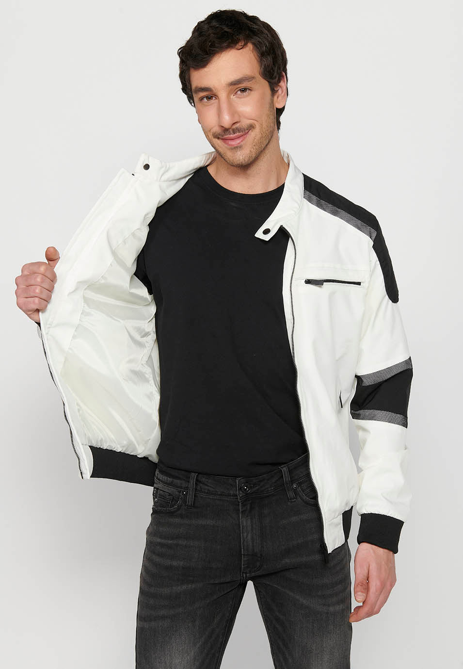 Cazadora Técnica Bomber Estilo Racing Hombre – Koroshi Blanca