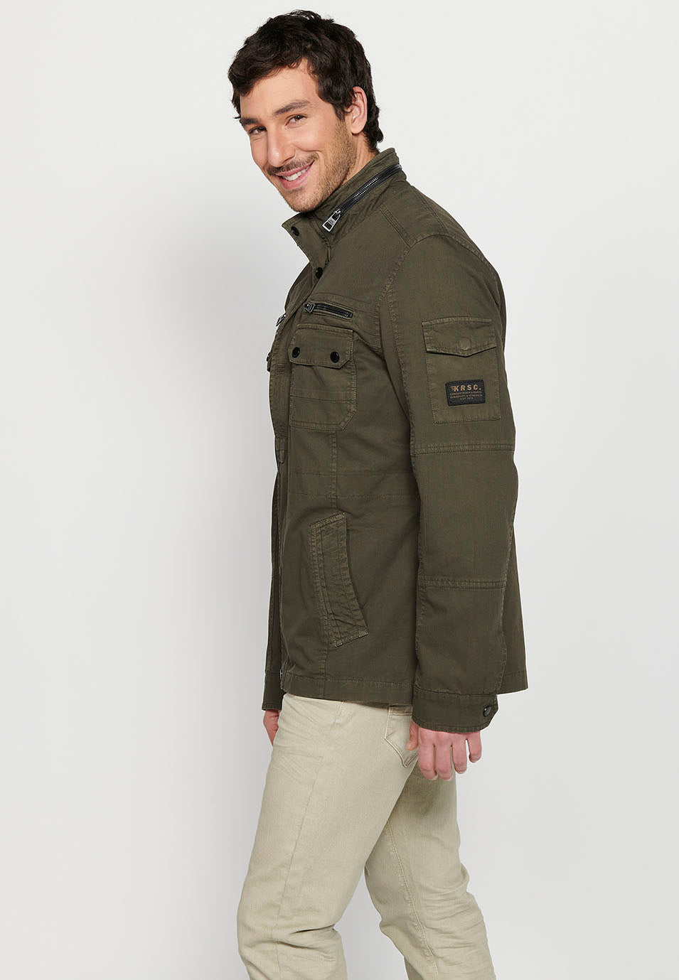 Chaqueta militar cuello alto con cremallera y botones Hombre – Koroshi 2411JA20