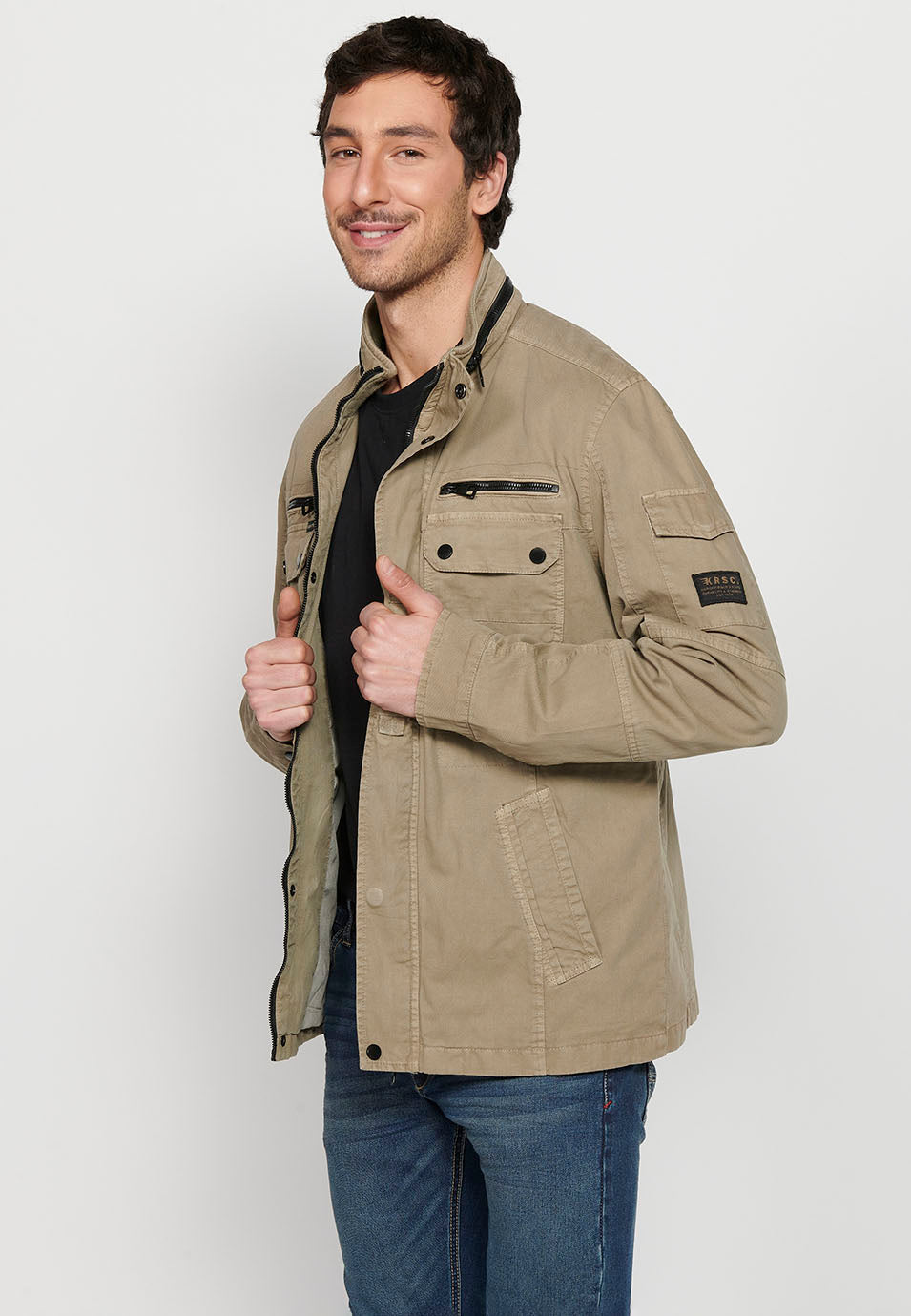 Chaqueta militar cuello alto con cremallera y botones Hombre – Koroshi 2411JA20