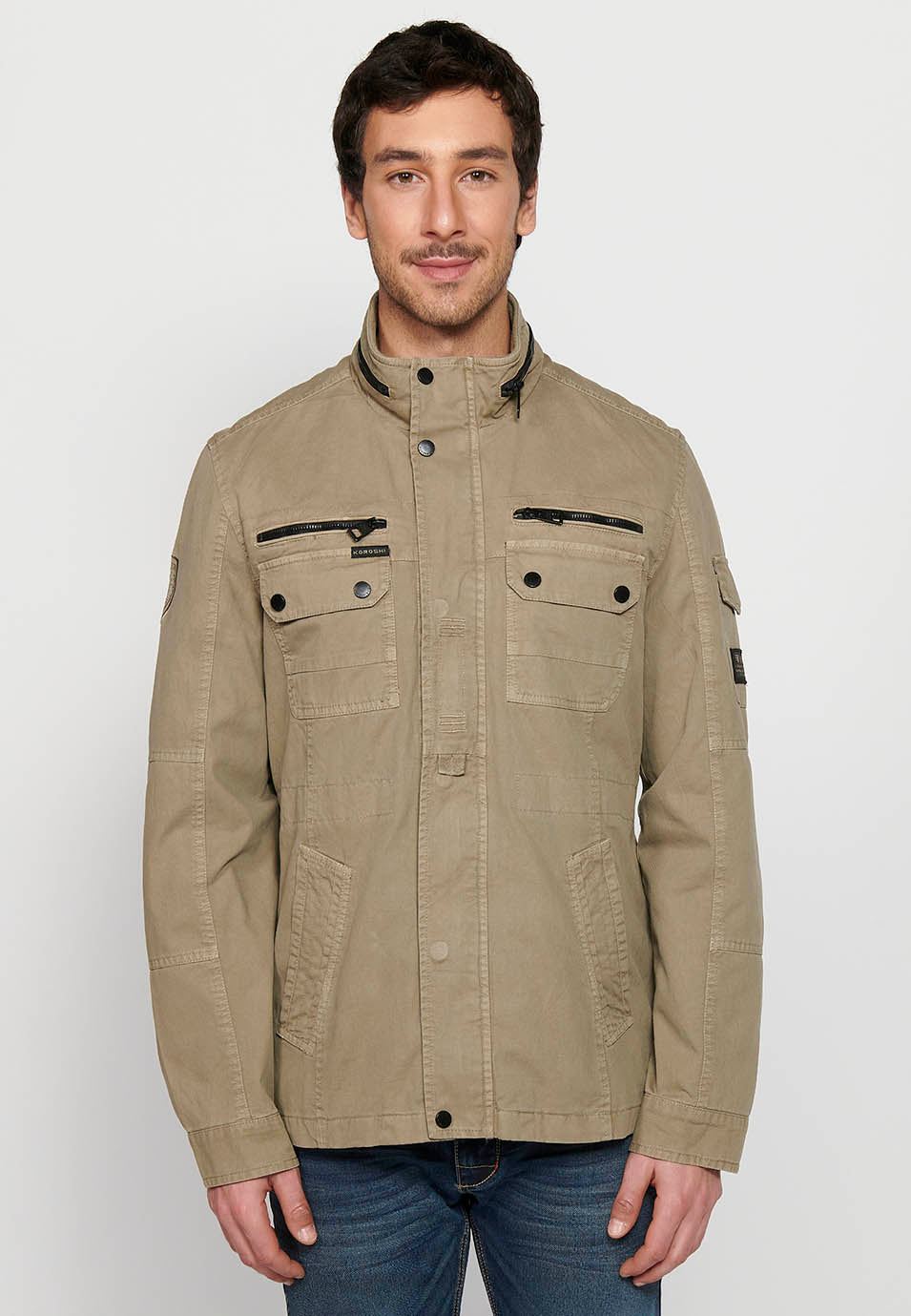 Chaqueta militar cuello alto con cremallera y botones Hombre – Koroshi 2411JA20