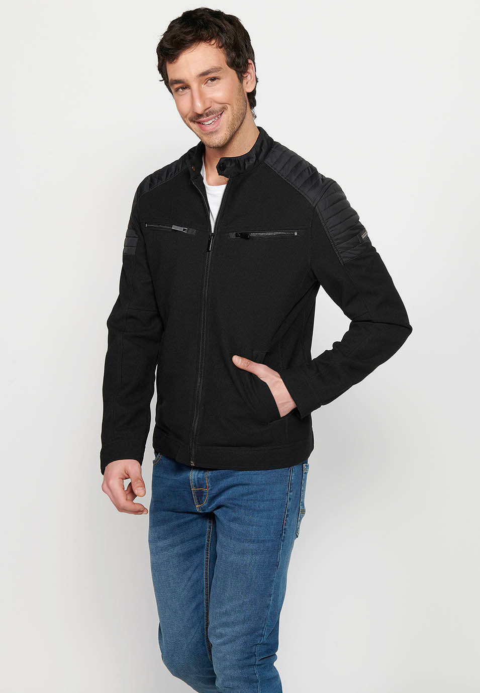 Cazadora biker cuello alto con cremallera Hombre Negra – Koroshi