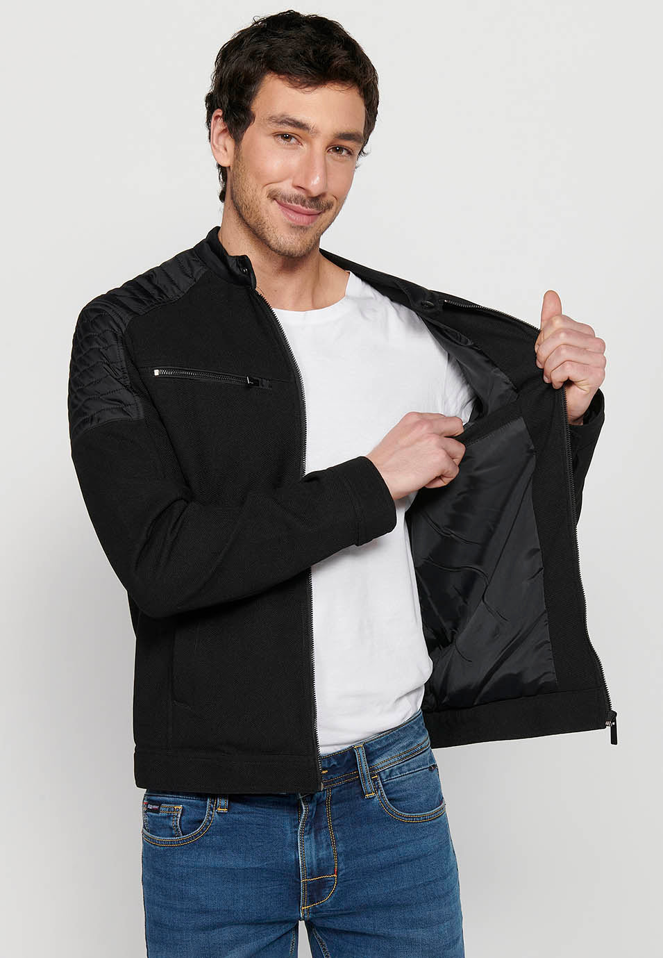 Cazadora biker cuello alto con cremallera Hombre Negra – Koroshi