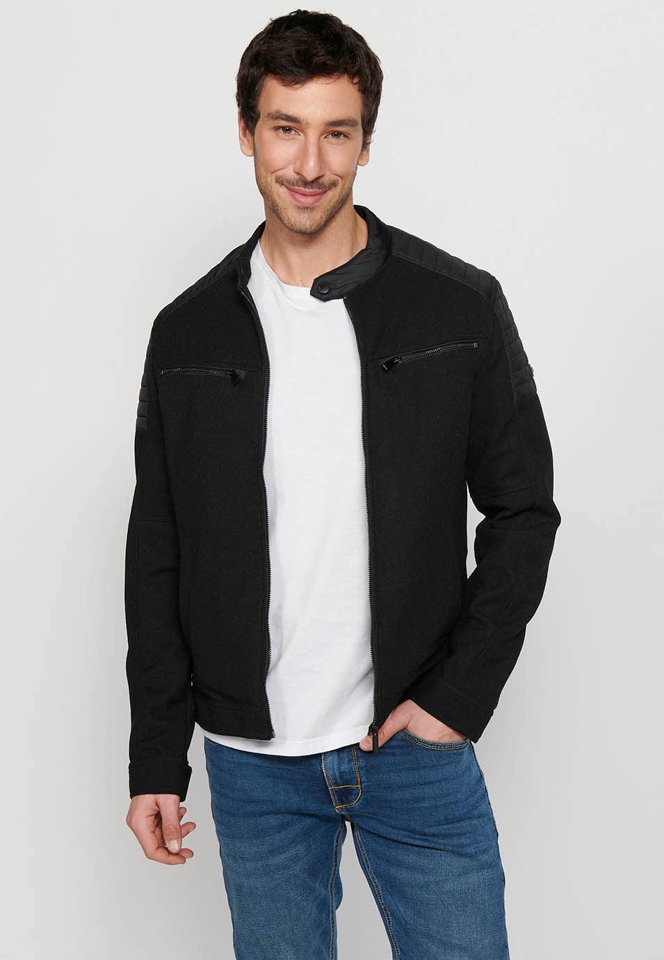 Cazadora biker cuello alto con cremallera Hombre Negra – Koroshi