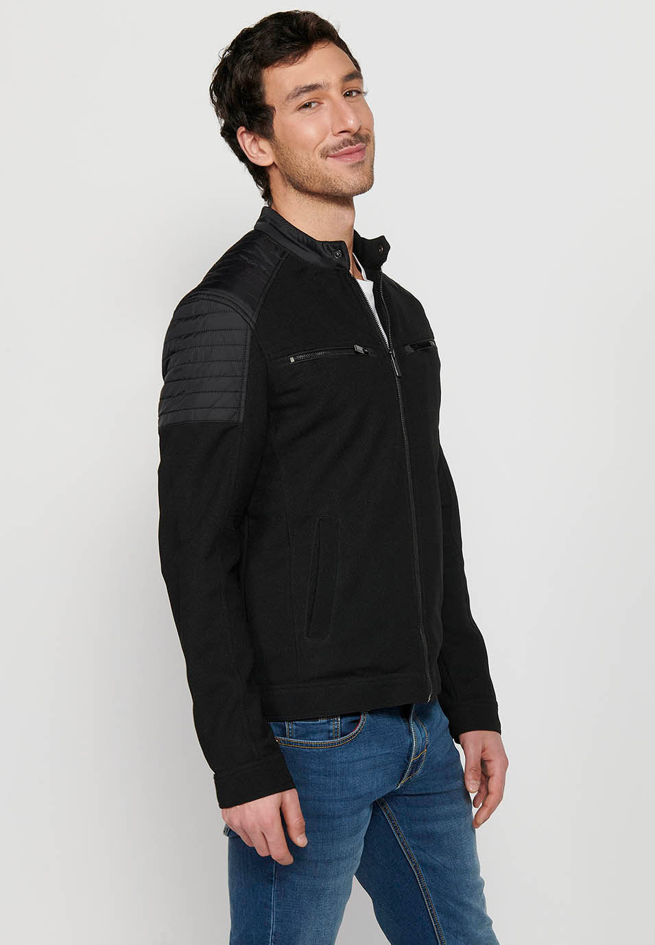 Cazadora biker cuello alto con cremallera Hombre Negra – Koroshi