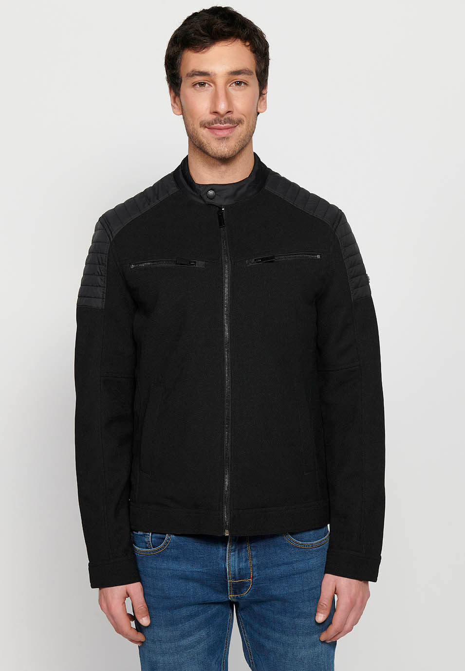 Cazadora biker cuello alto con cremallera Hombre Negra – Koroshi