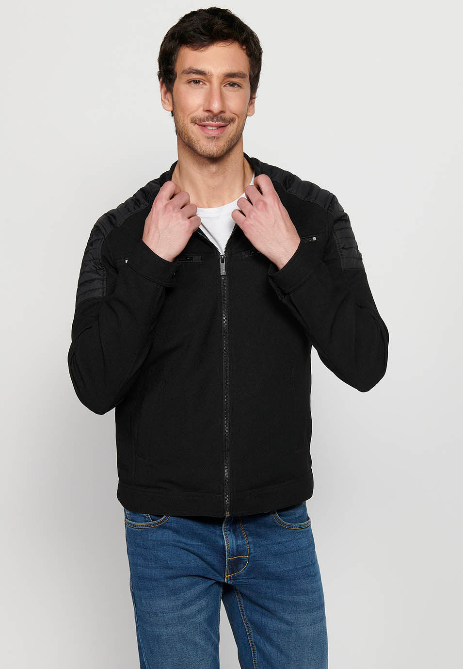 Cazadora biker cuello alto con cremallera Hombre Negra – Koroshi