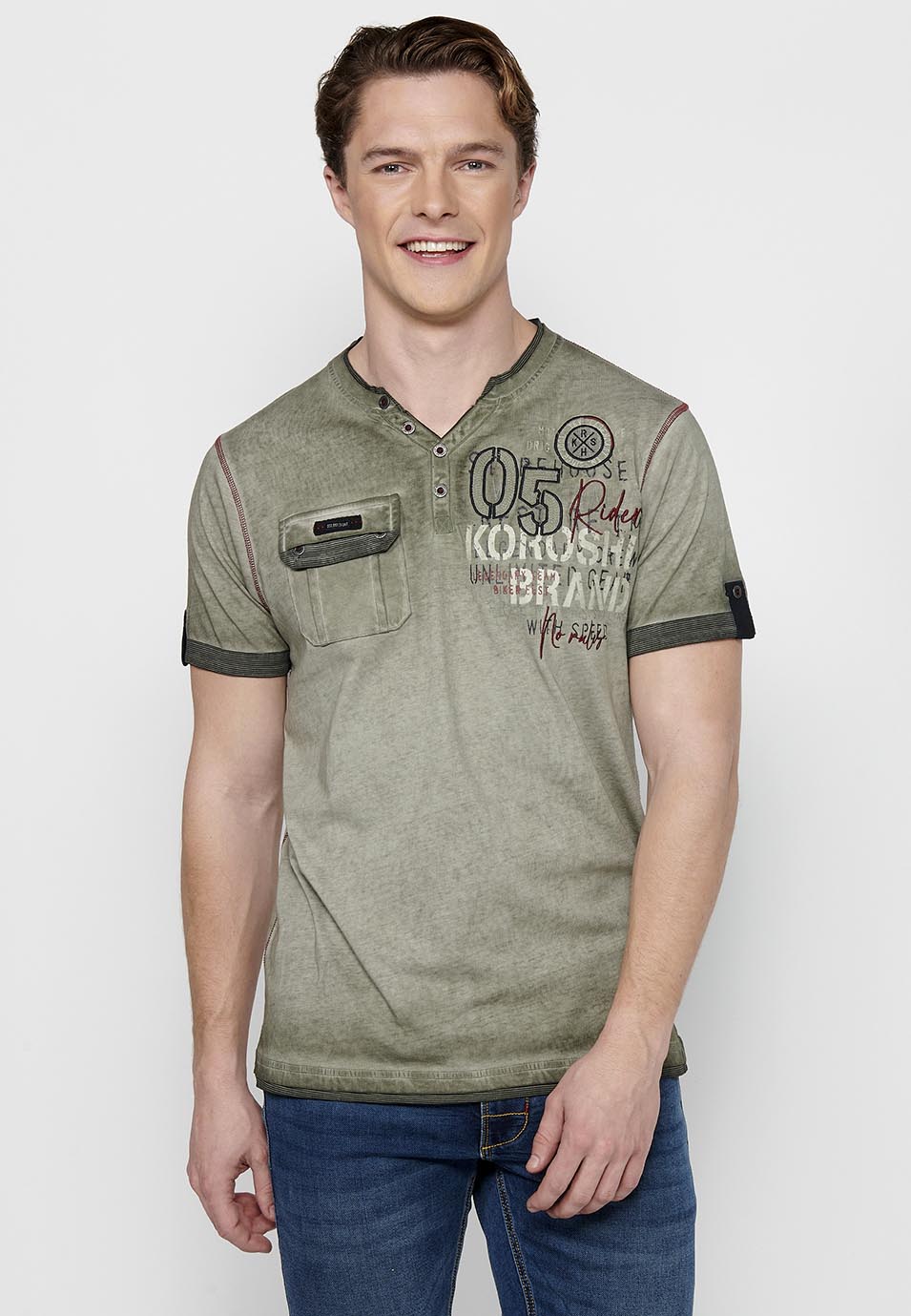Camiseta Hombre Manga Corta Cuello con Botón Estilo Biker – Koroshi 2411MC24