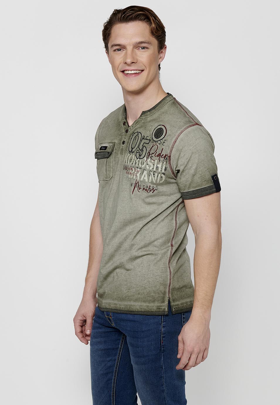 Camiseta Hombre Manga Corta Cuello con Botón Estilo Biker – Koroshi 2411MC24