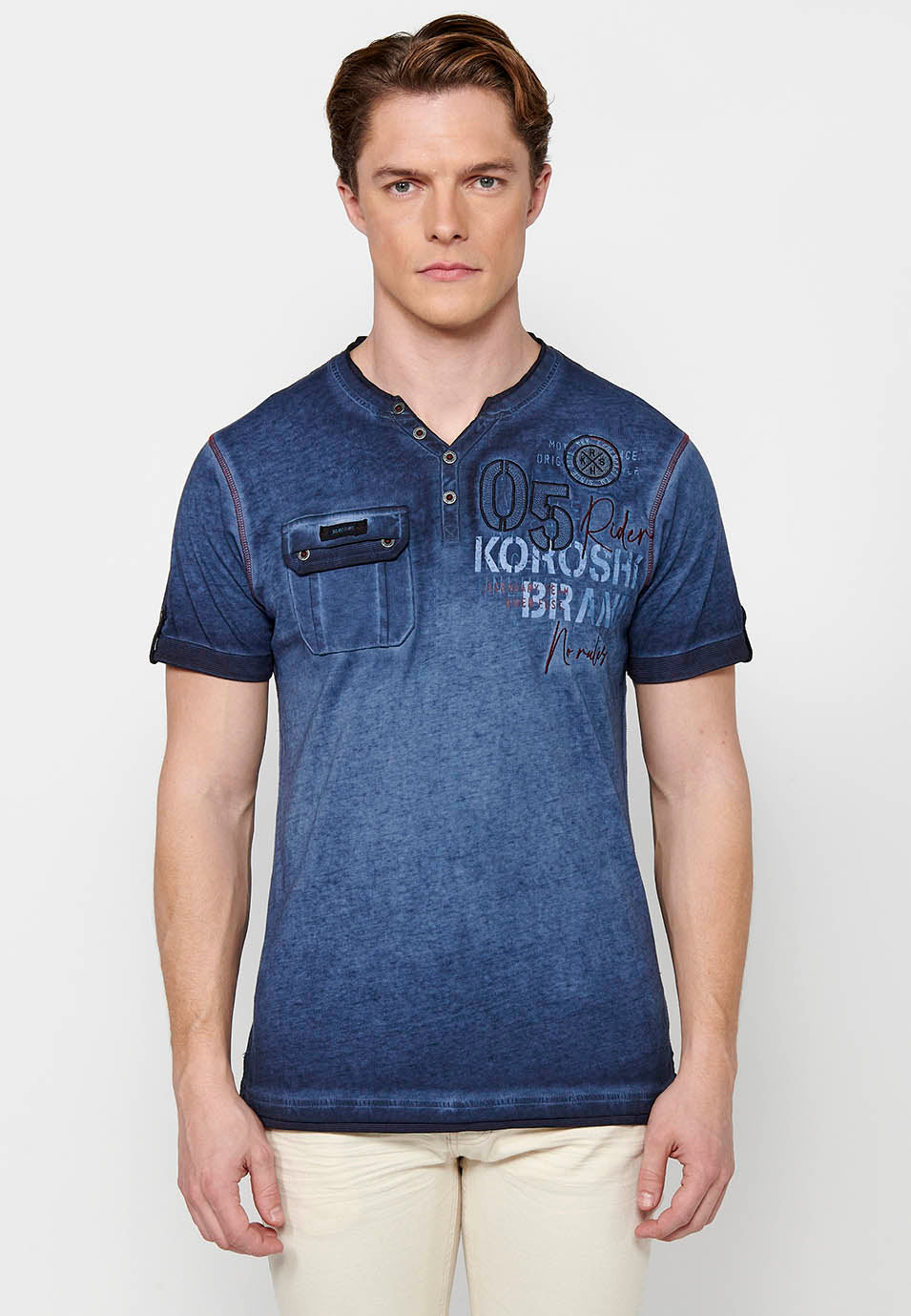 Camiseta Hombre Manga Corta Cuello con Botón Estilo Biker – Koroshi 2411MC24