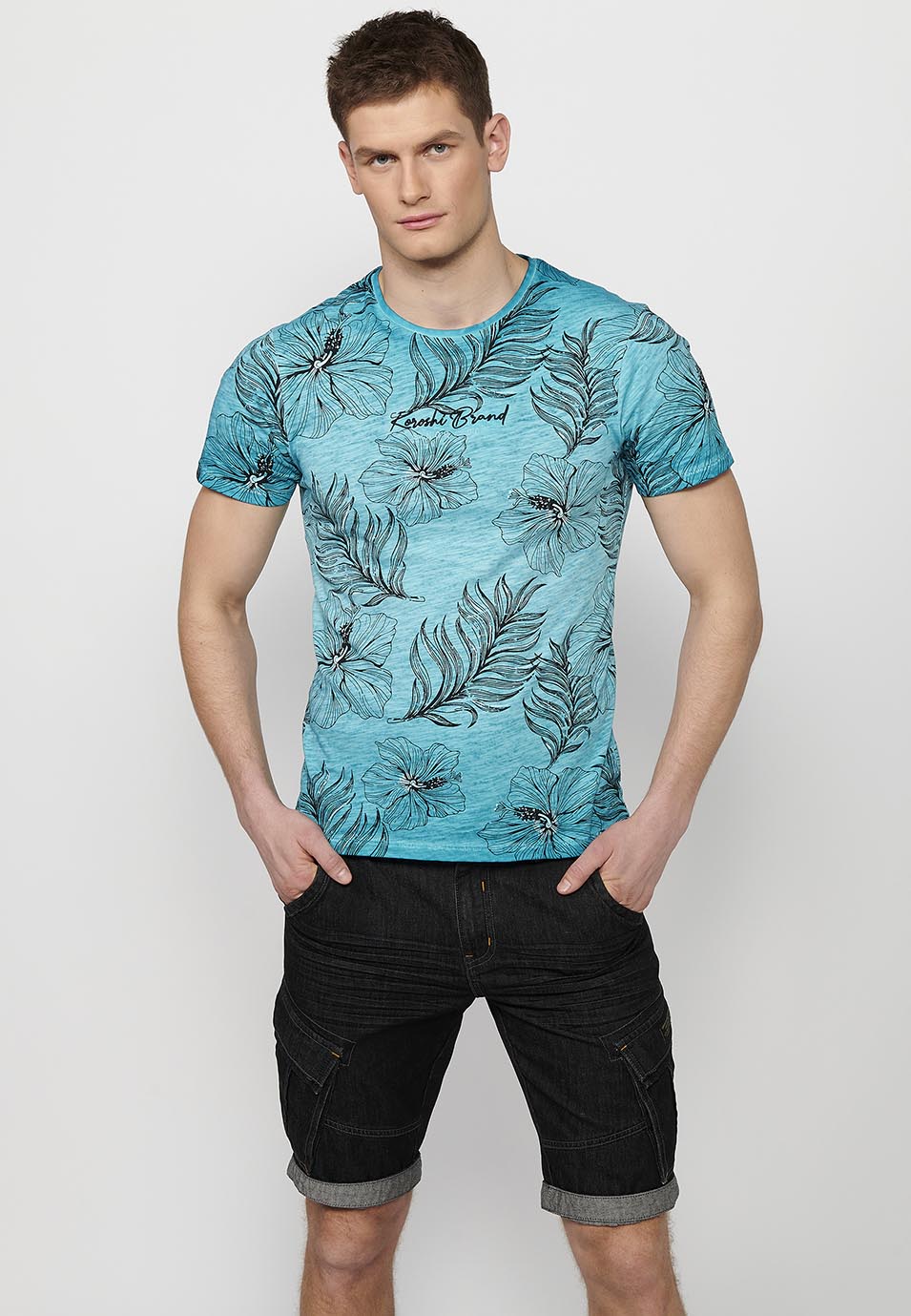 Camiseta Hombre Manga Corta Cuello Redondo Estampado Floral Menta – Koroshi
