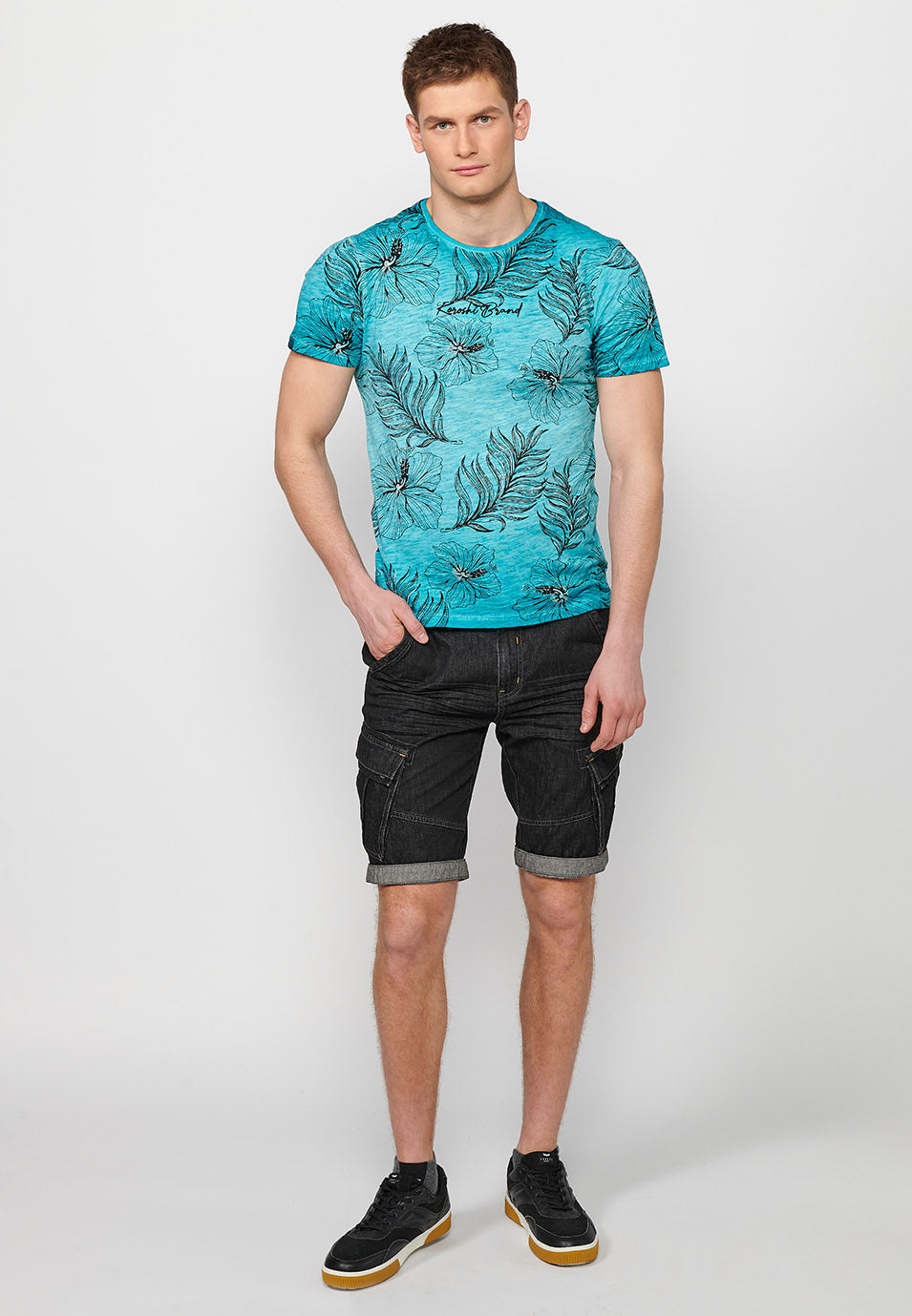 Camiseta Hombre Manga Corta Cuello Redondo Estampado Floral Menta – Koroshi