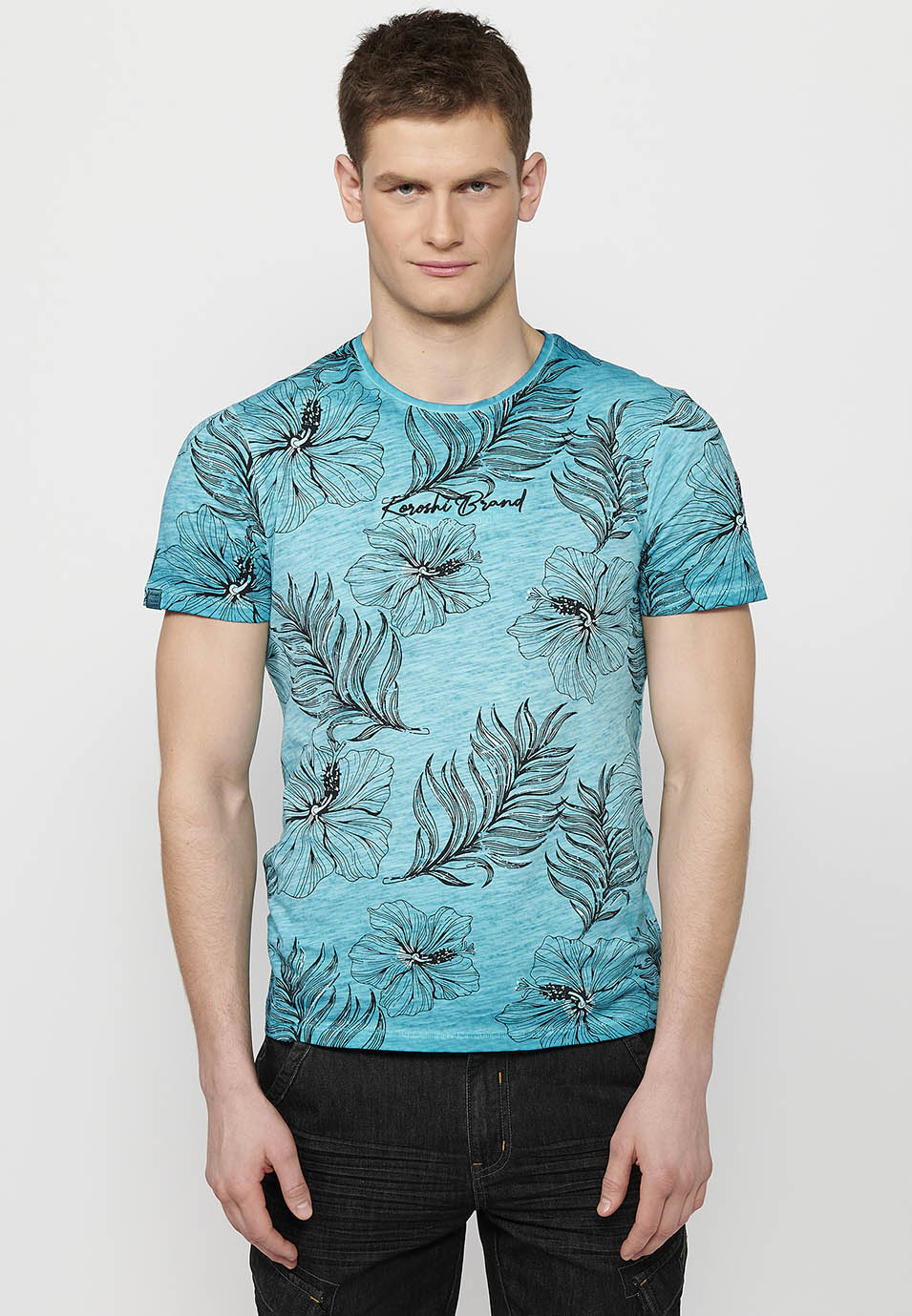 Camiseta Hombre Manga Corta Cuello Redondo Estampado Floral Menta – Koroshi