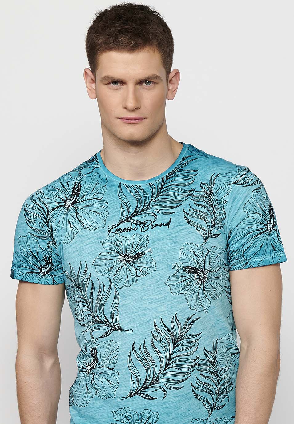 Camiseta Hombre Manga Corta Cuello Redondo Estampado Floral Menta – Koroshi
