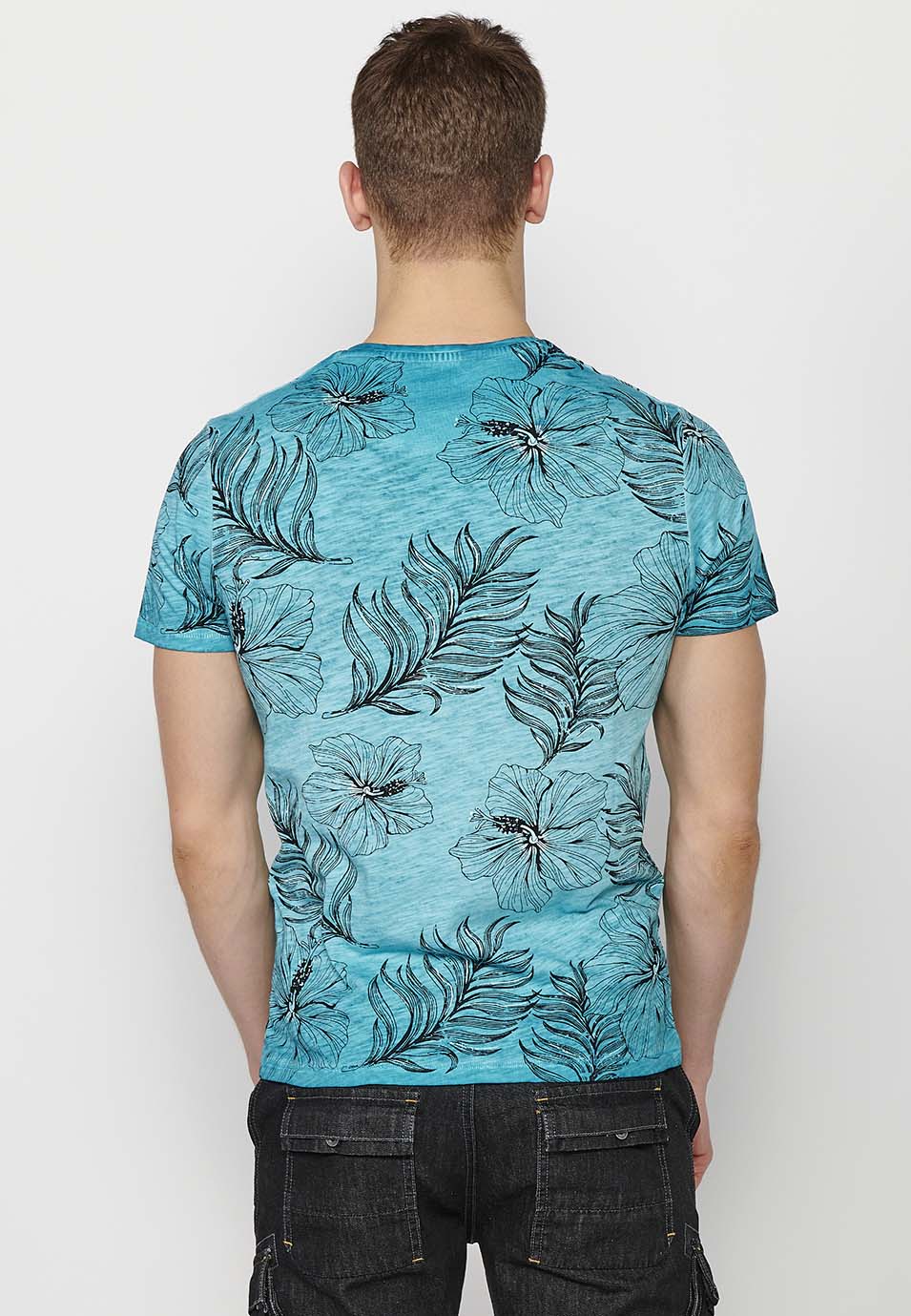 Camiseta Hombre Manga Corta Cuello Redondo Estampado Floral Menta – Koroshi