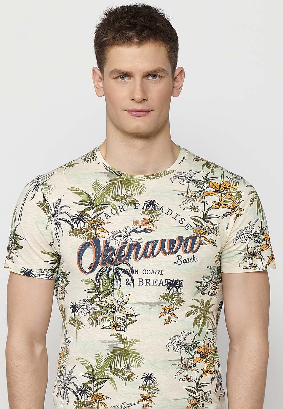 Camiseta Hombre Manga Corta Estampado Tropical – Koroshi Crudo