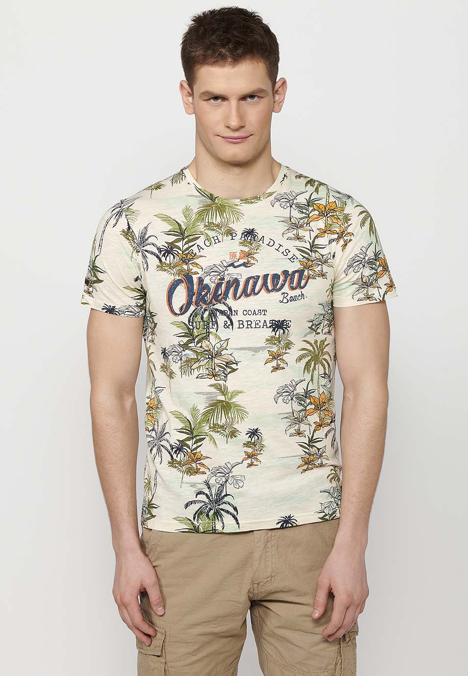 Camiseta Hombre Manga Corta Estampado Tropical – Koroshi Crudo
