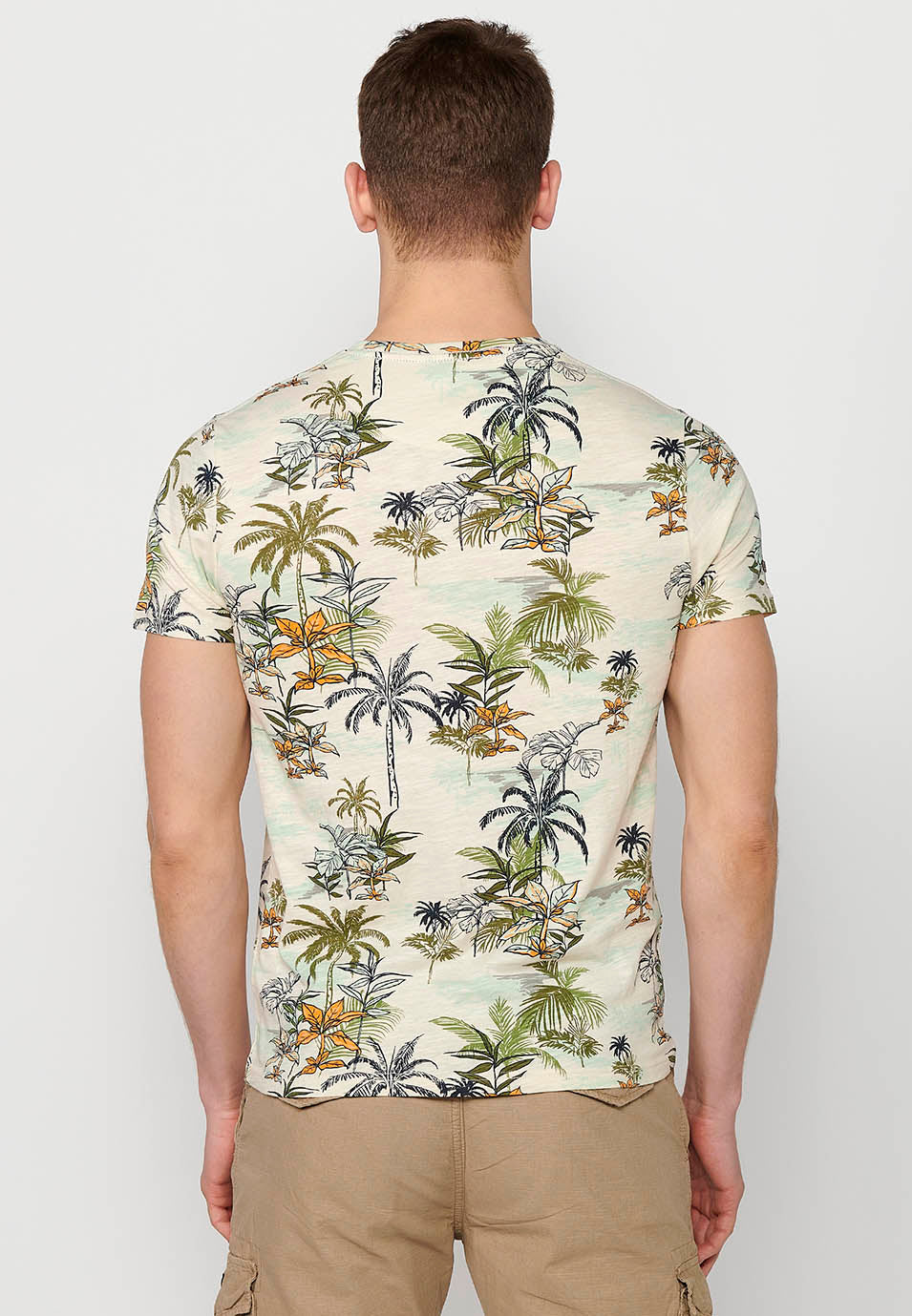 Camiseta Hombre Manga Corta Estampado Tropical – Koroshi Crudo
