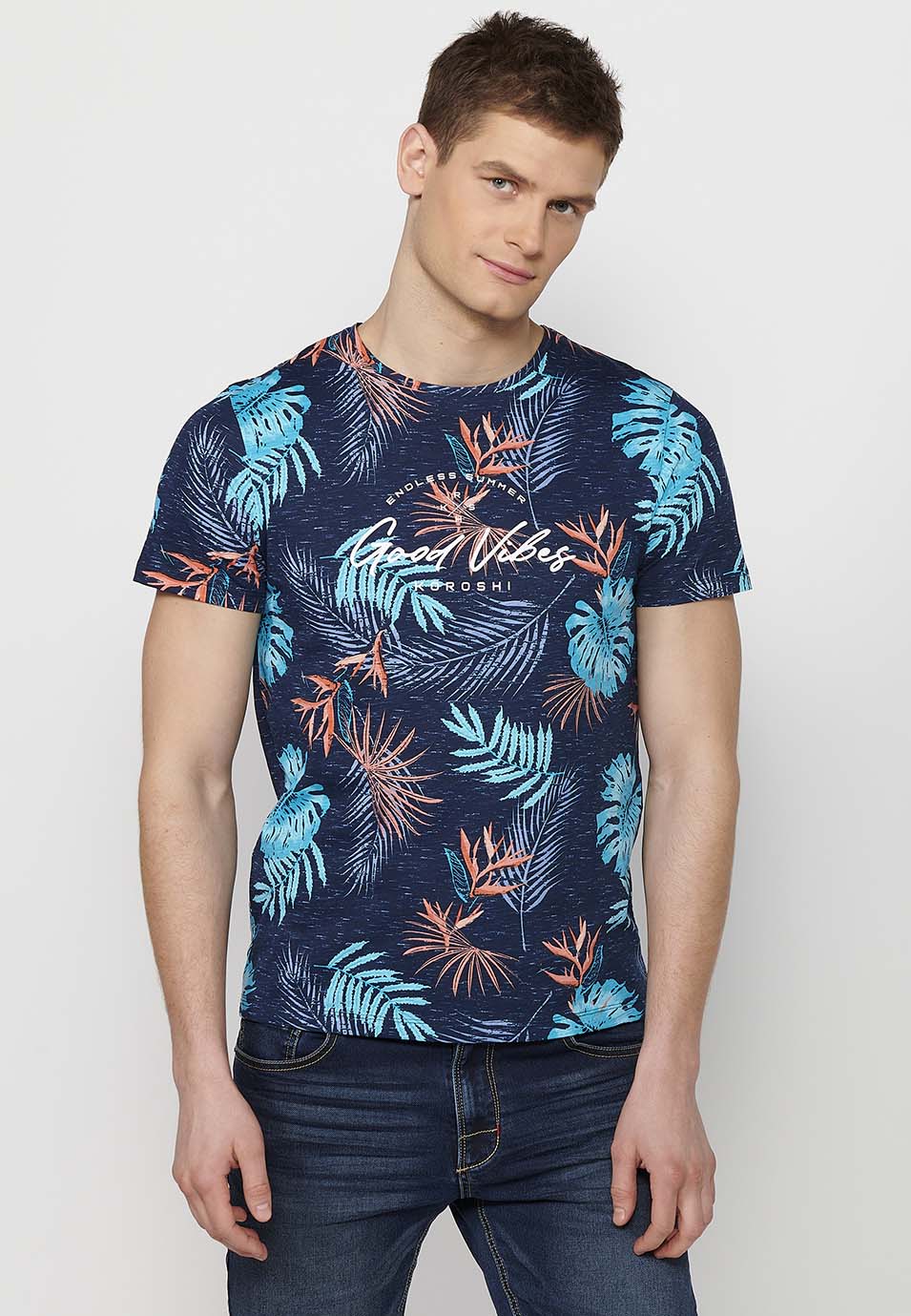 Camiseta Hombre Manga Corta Estampado Tropical – Koroshi Navy