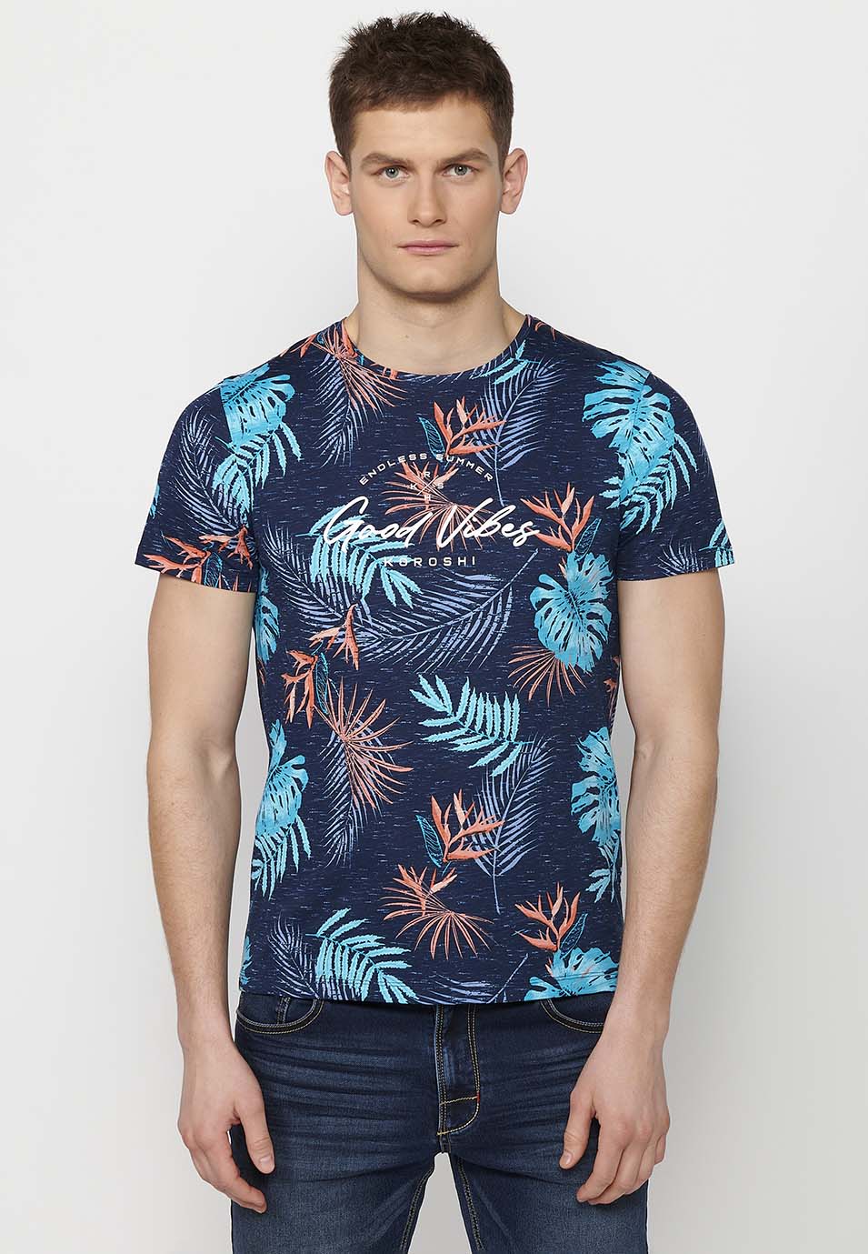 Camiseta Hombre Manga Corta Estampado Tropical – Koroshi Navy