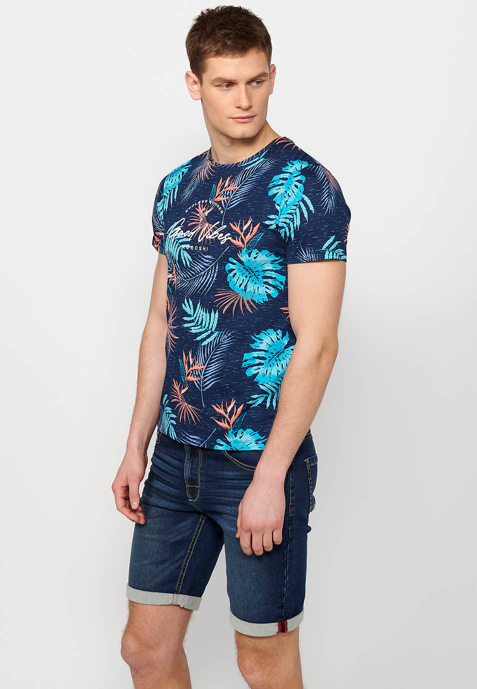 Camiseta Hombre Manga Corta Estampado Tropical – Koroshi Navy