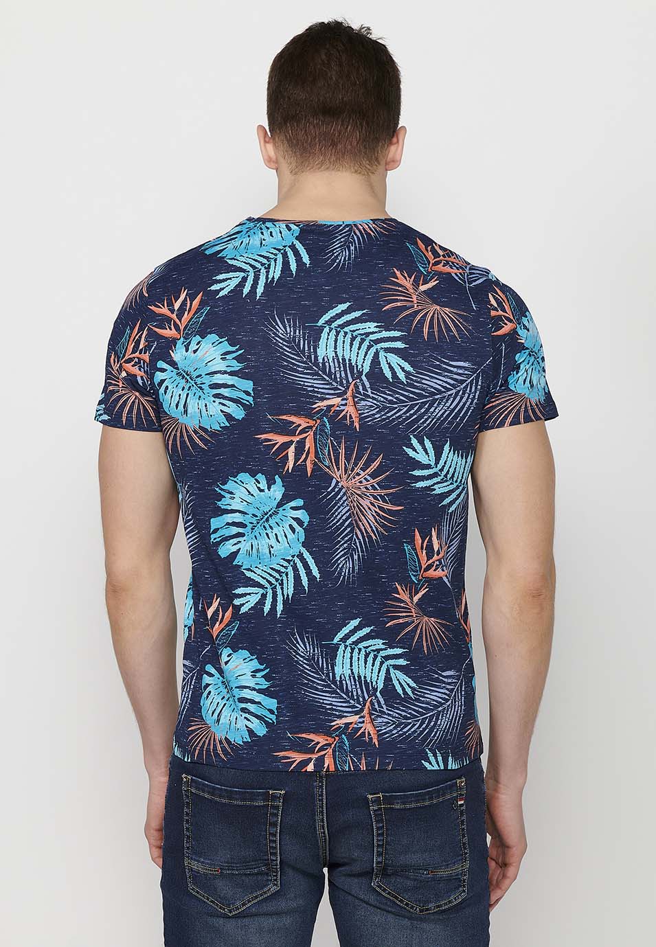 Camiseta Hombre Manga Corta Estampado Tropical – Koroshi Navy