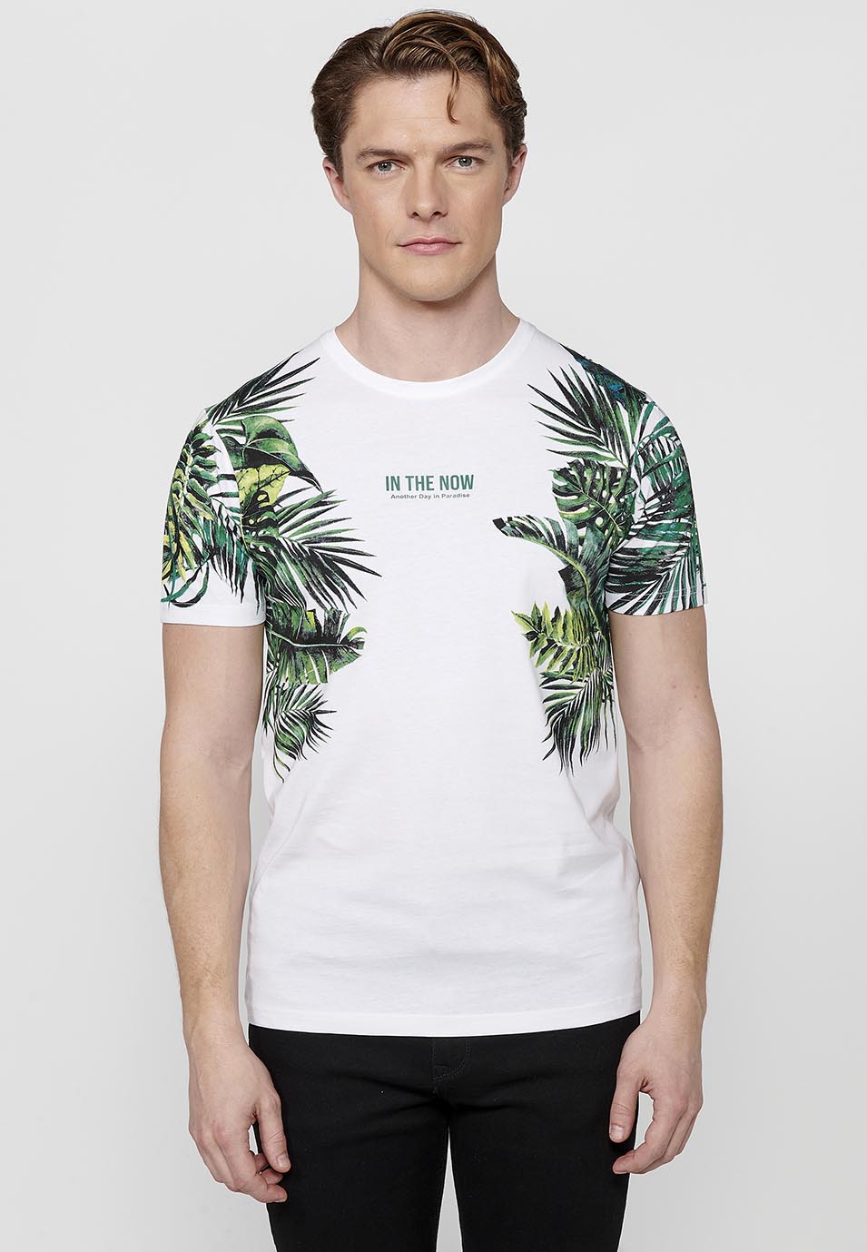 Camiseta Hombre Manga Corta Estampado Tropical – Koroshi Blanco